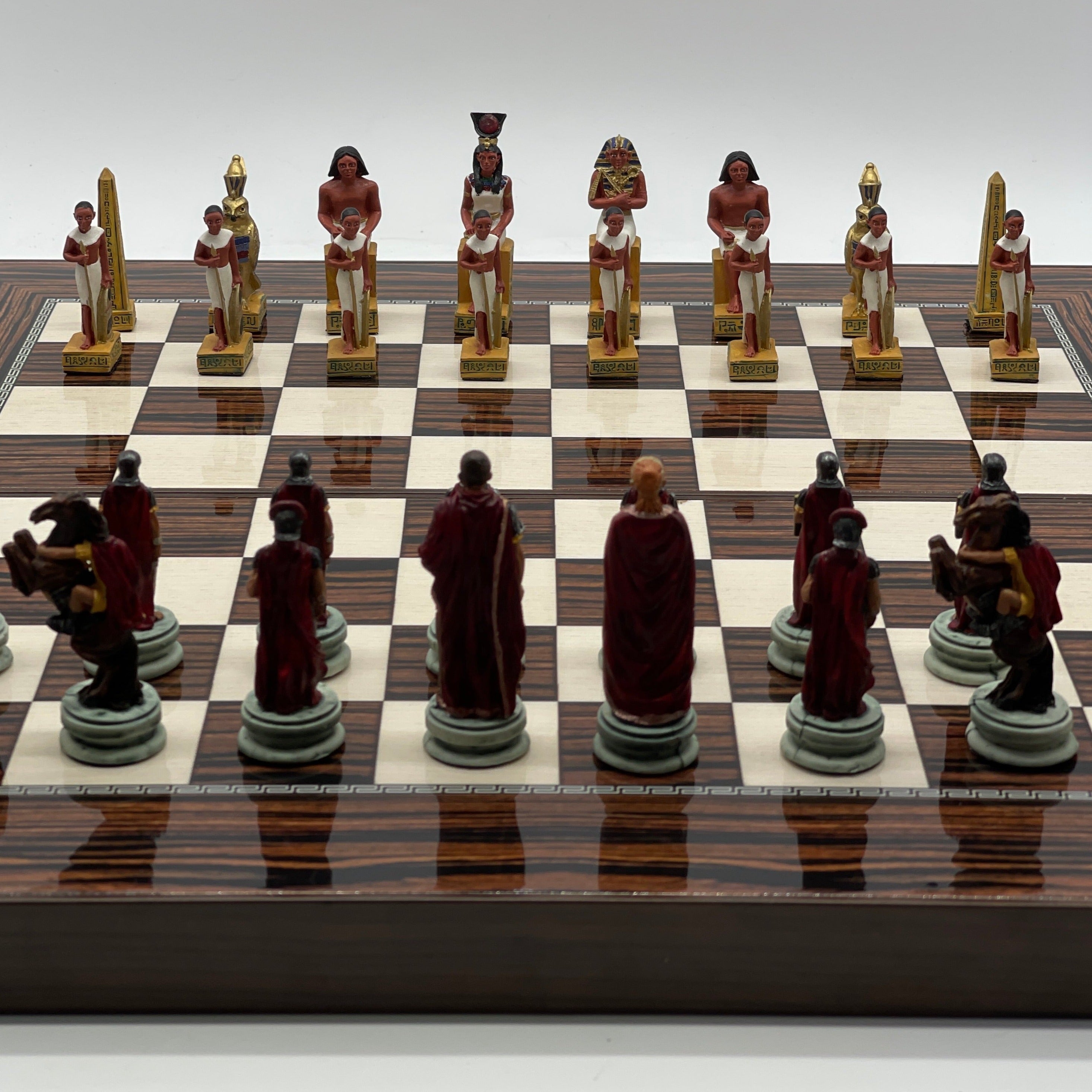 Handmade Dark Brown Pattern Backgammon Set With Egyptian Chess Pieces