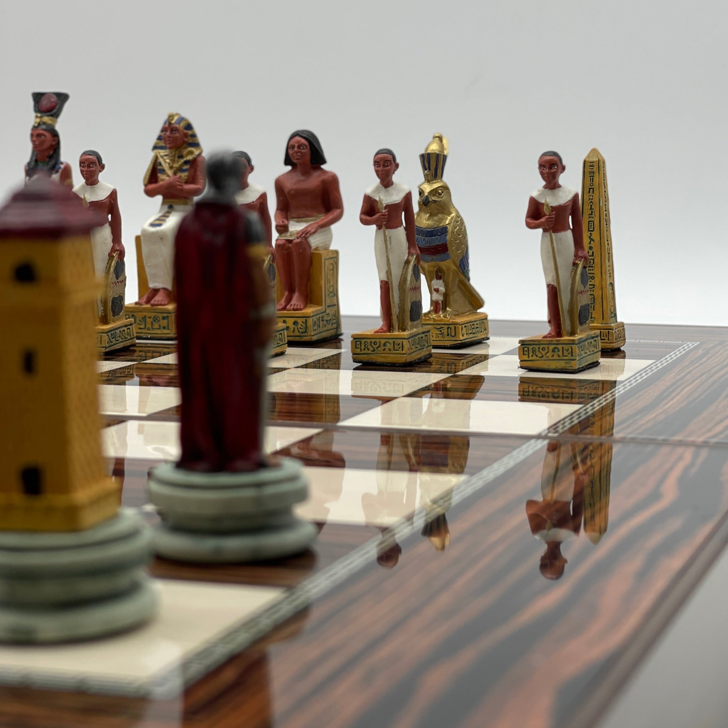 Handmade Dark Brown Pattern Backgammon Set With Egyptian Chess Pieces