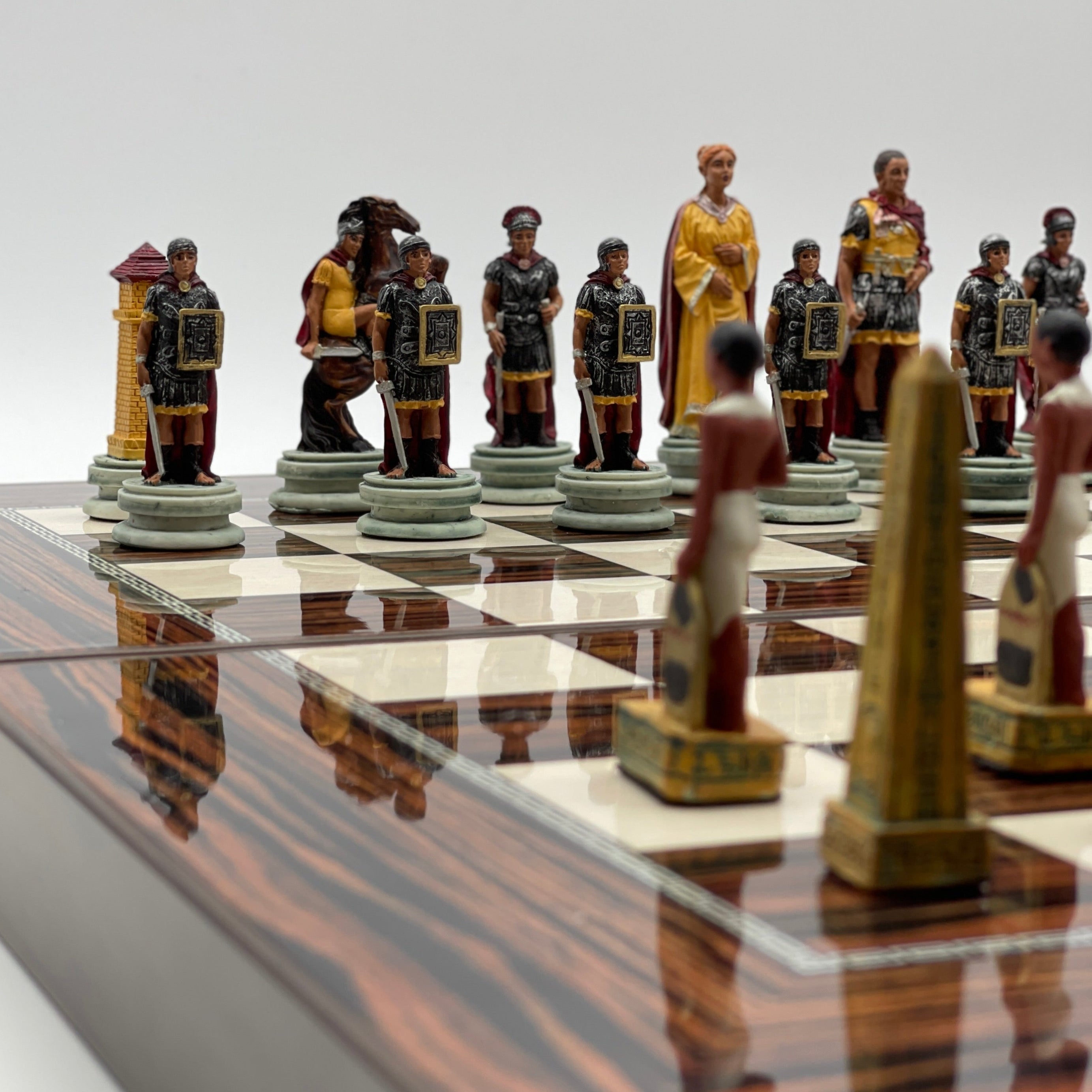 Handmade Dark Brown Pattern Backgammon Set With Egyptian Chess Pieces