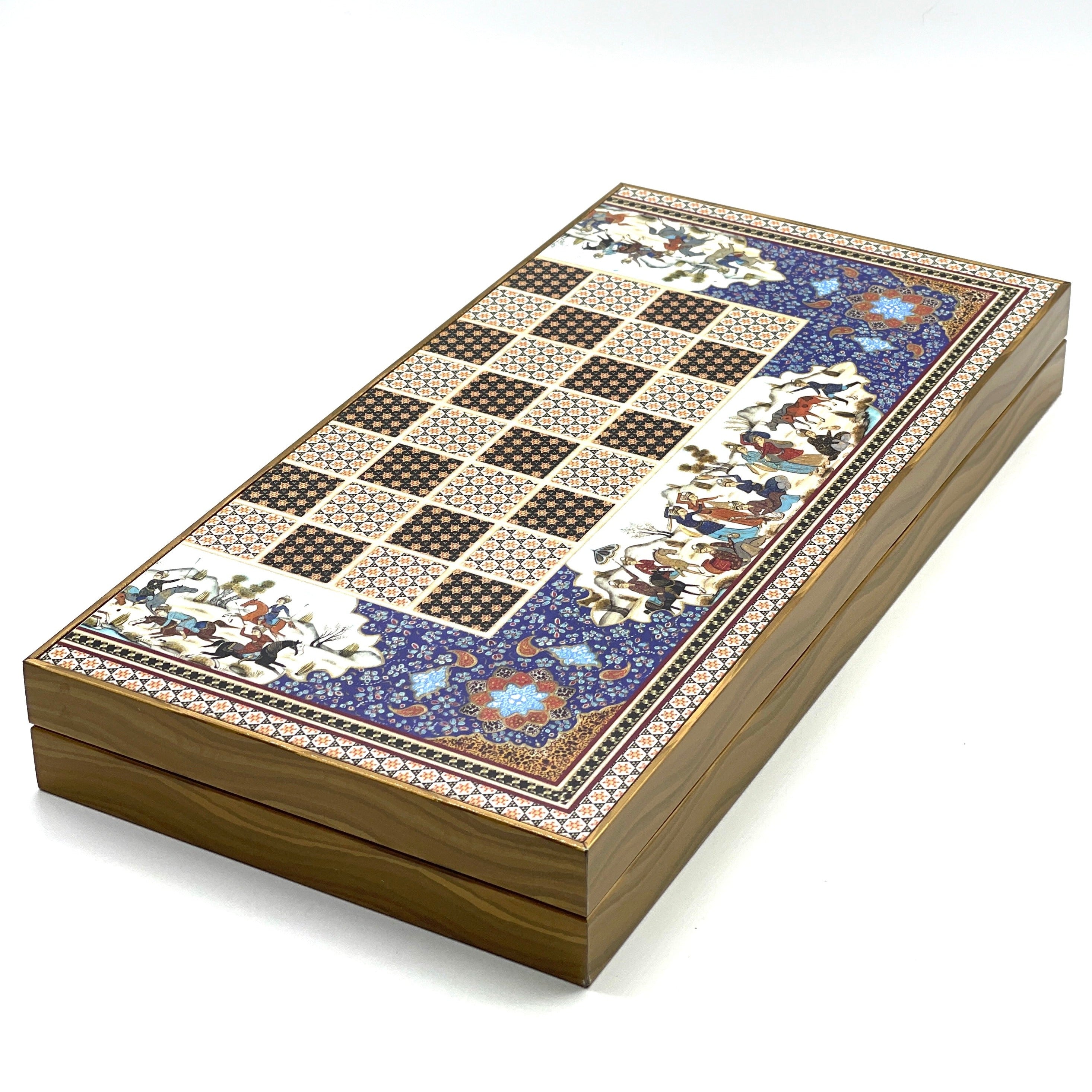 Persian Khatam Turkish Backgammon Set With Polyester Crusaders Chess Pieces