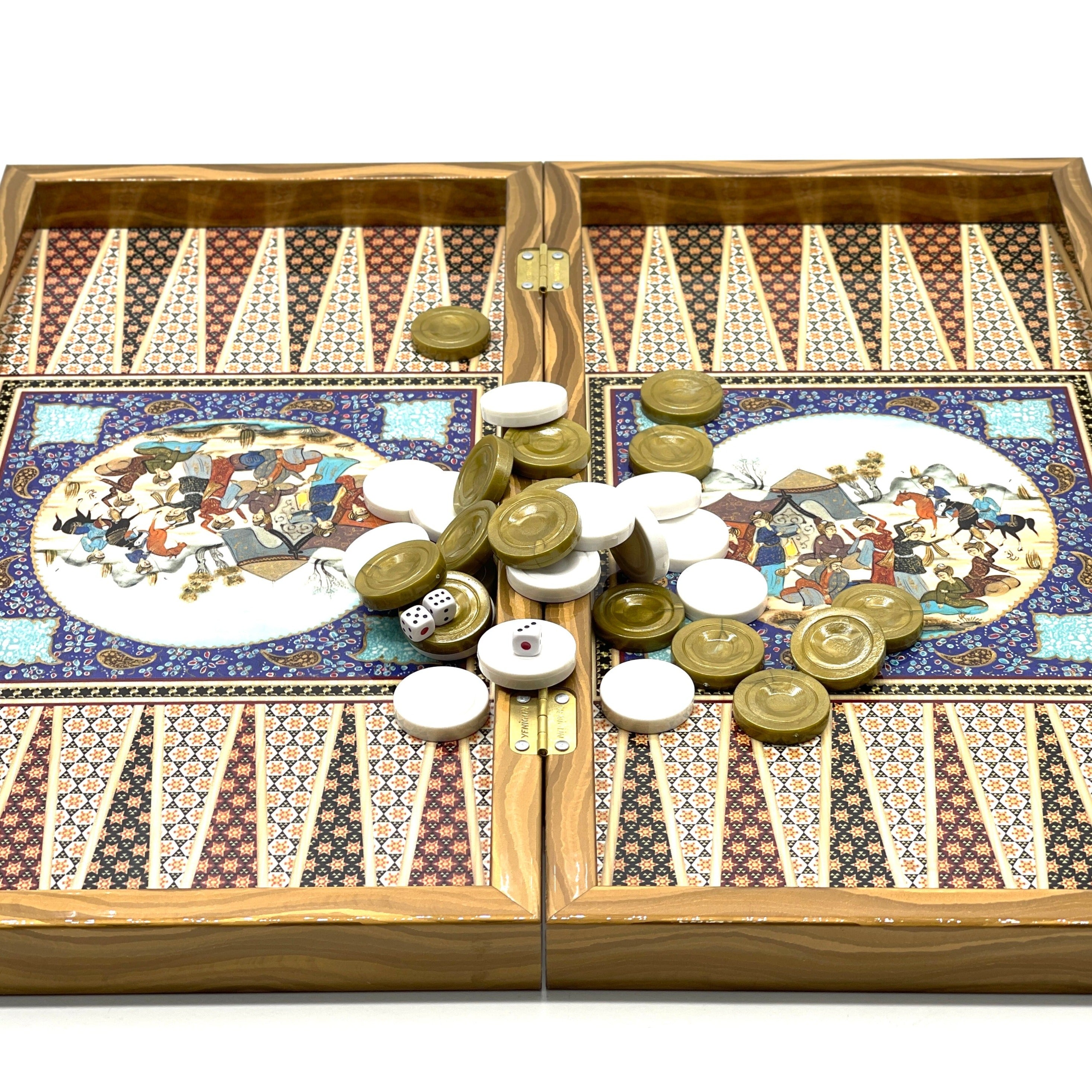 Persian Khatam Turkish Backgammon Set With Polyester Crusaders Chess Pieces