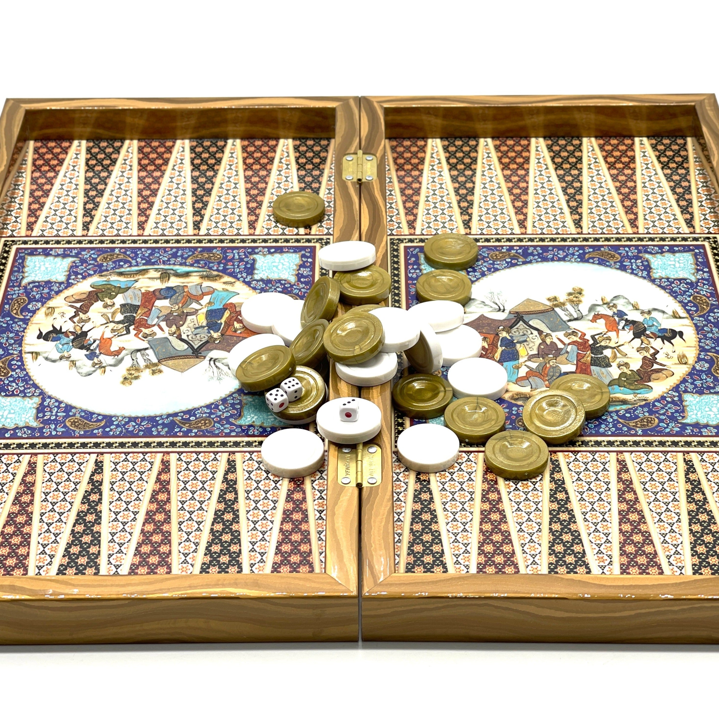 Persian Khatam Turkish Backgammon Set With Wooden Chess Pieces