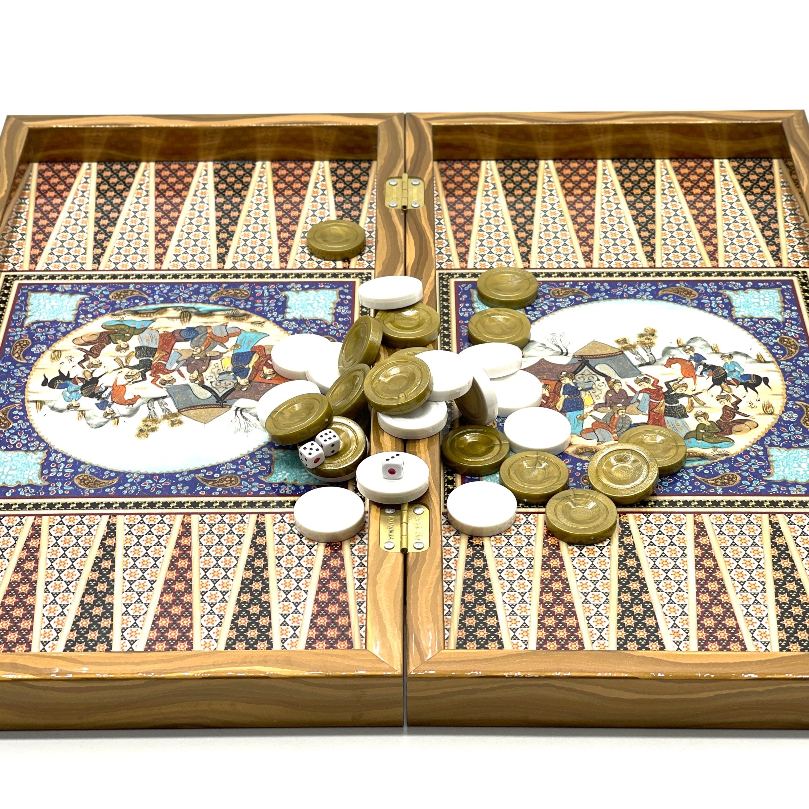 Persian Khatam Turkish Backgammon Set With Polyester Crusaders Chess Pieces