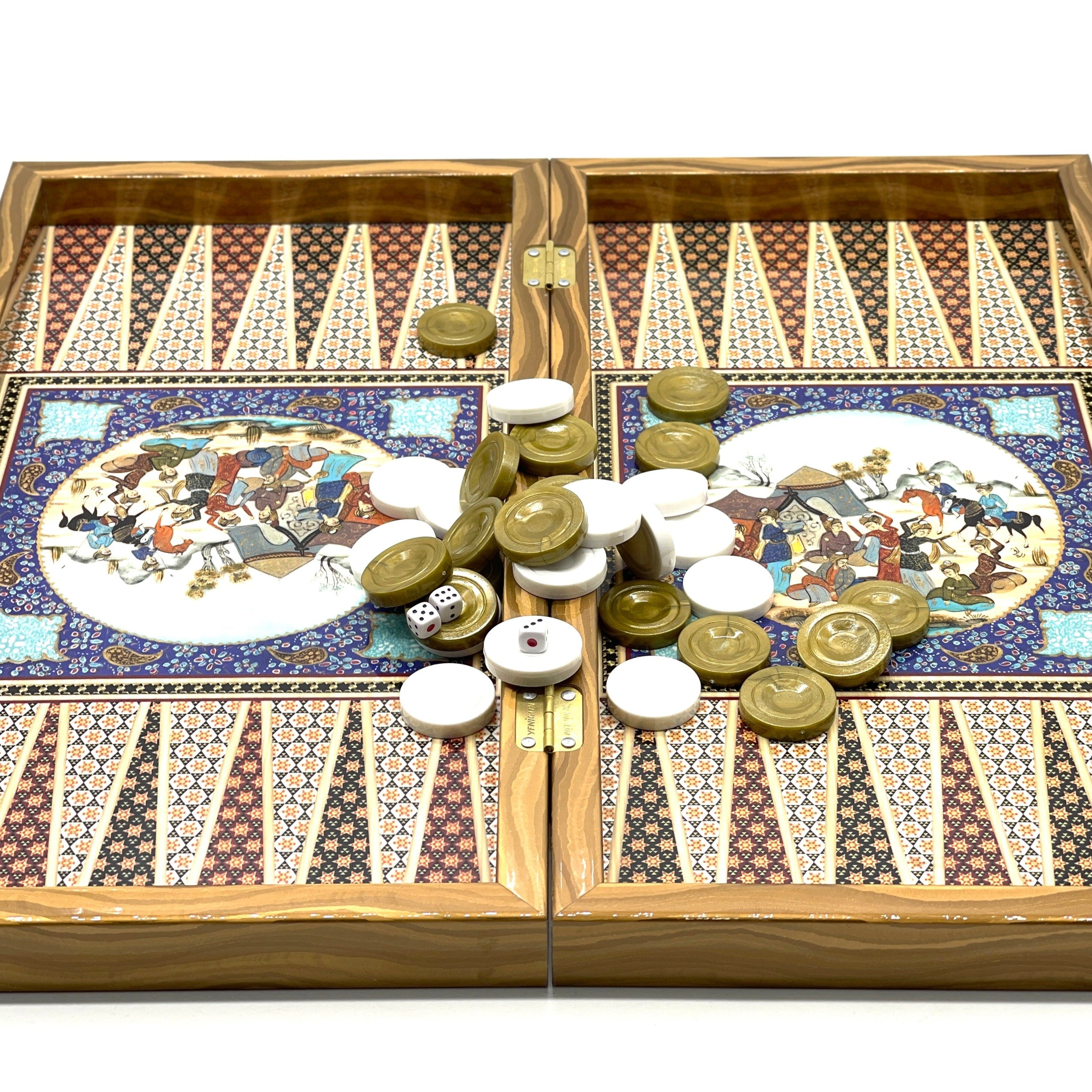 Persian Khatam Turkish Backgammon Set With Polyester Camelot Chess Pieces