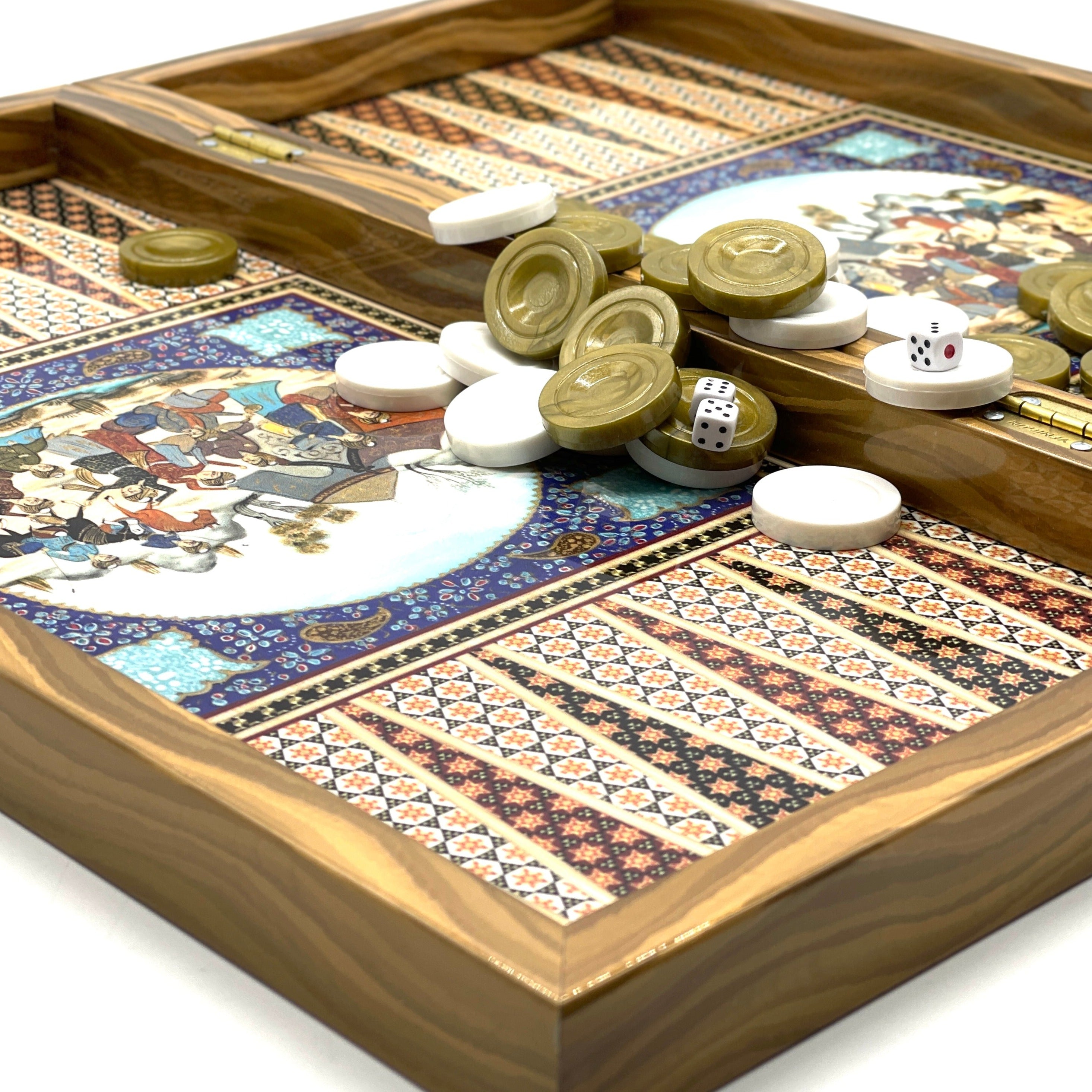 Persian Khatam Turkish Backgammon Set With Wooden Chess Pieces