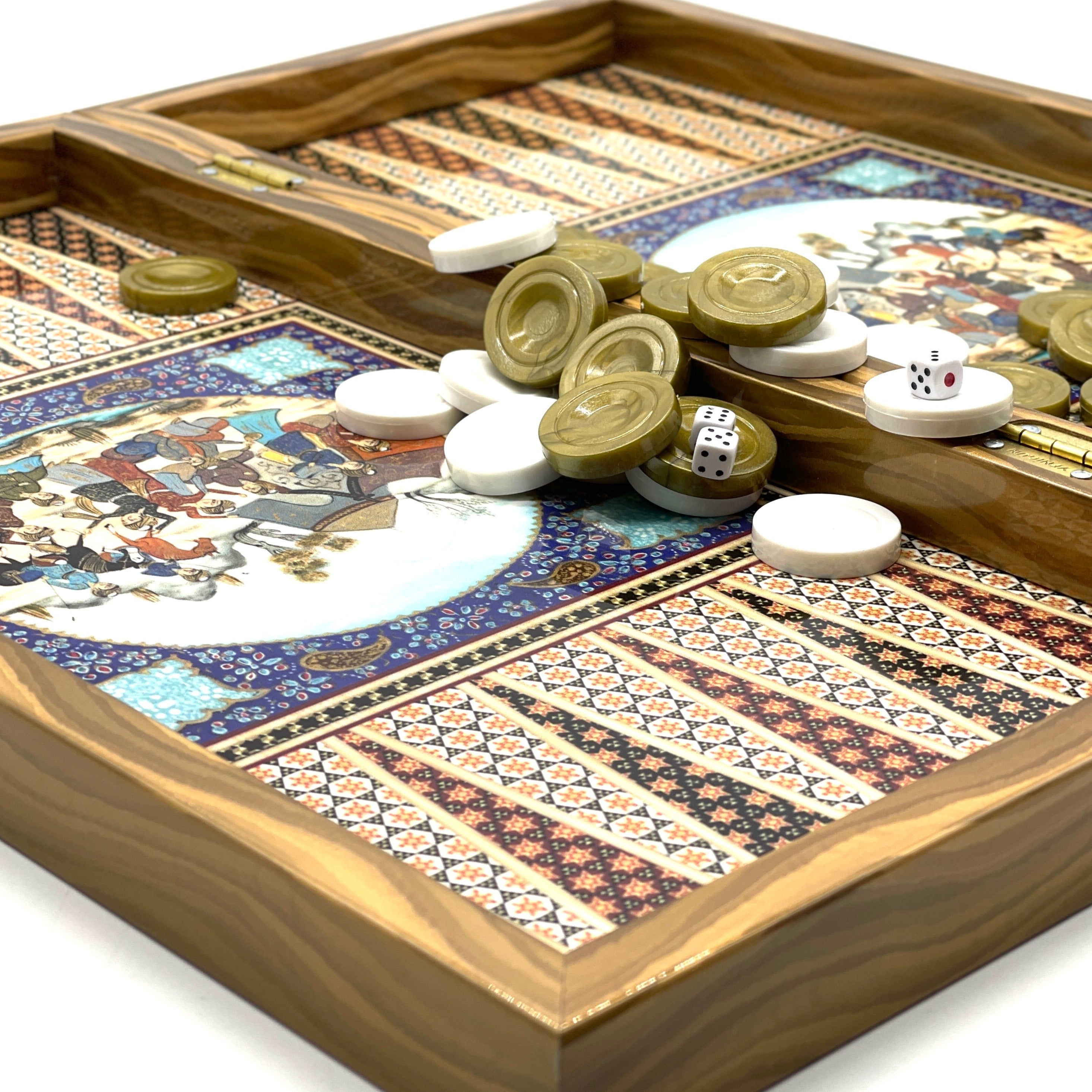 Persian Khatam Turkish Backgammon Set With Polyester Camelot Chess Pieces
