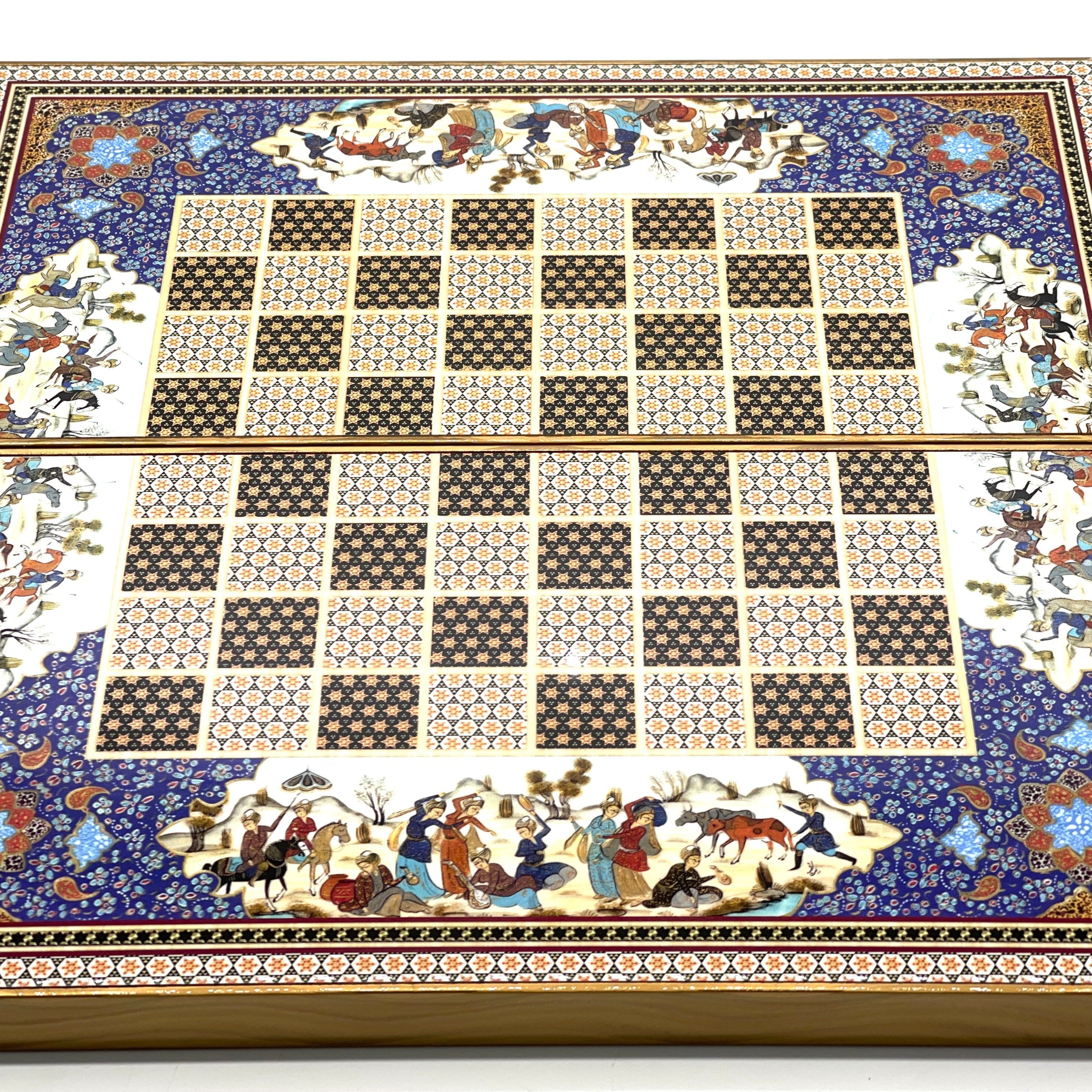 Persian Khatam Turkish Backgammon Set With Polyester Crusaders Chess Pieces