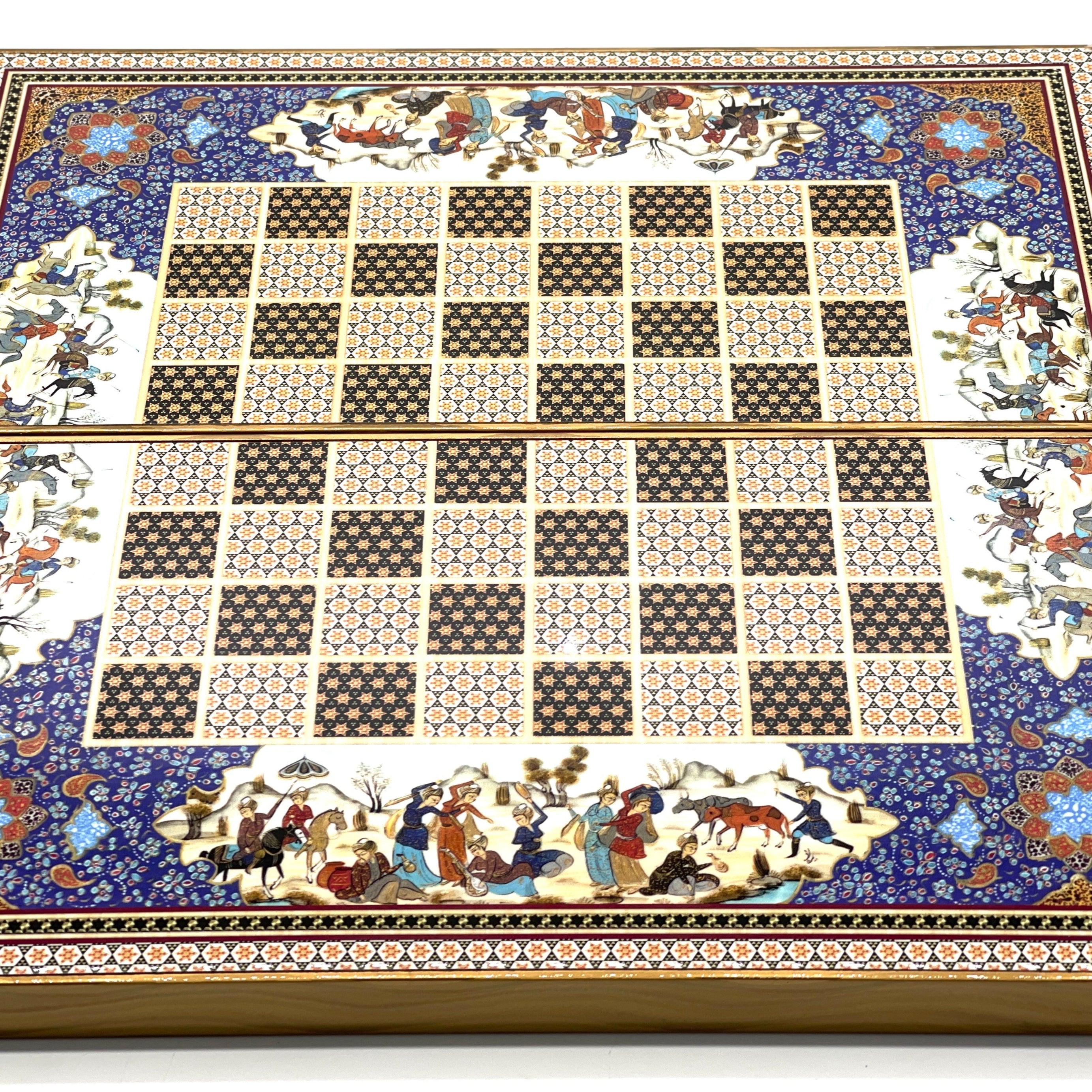 Persian Khatam Turkish Backgammon Set With Polyester Crusaders Chess Pieces