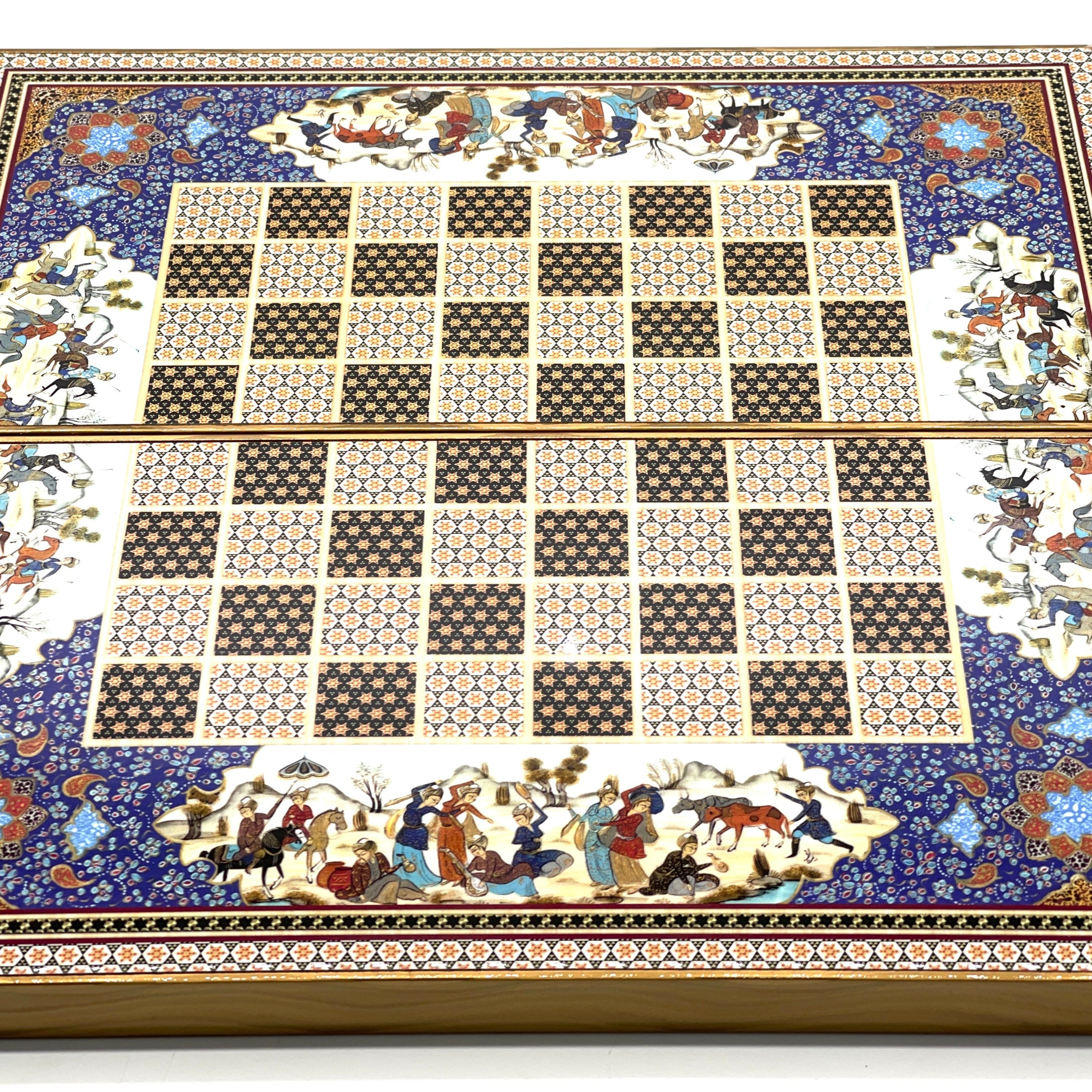 Persian Khatam Turkish Backgammon Set With Polyester Crusaders Chess Pieces