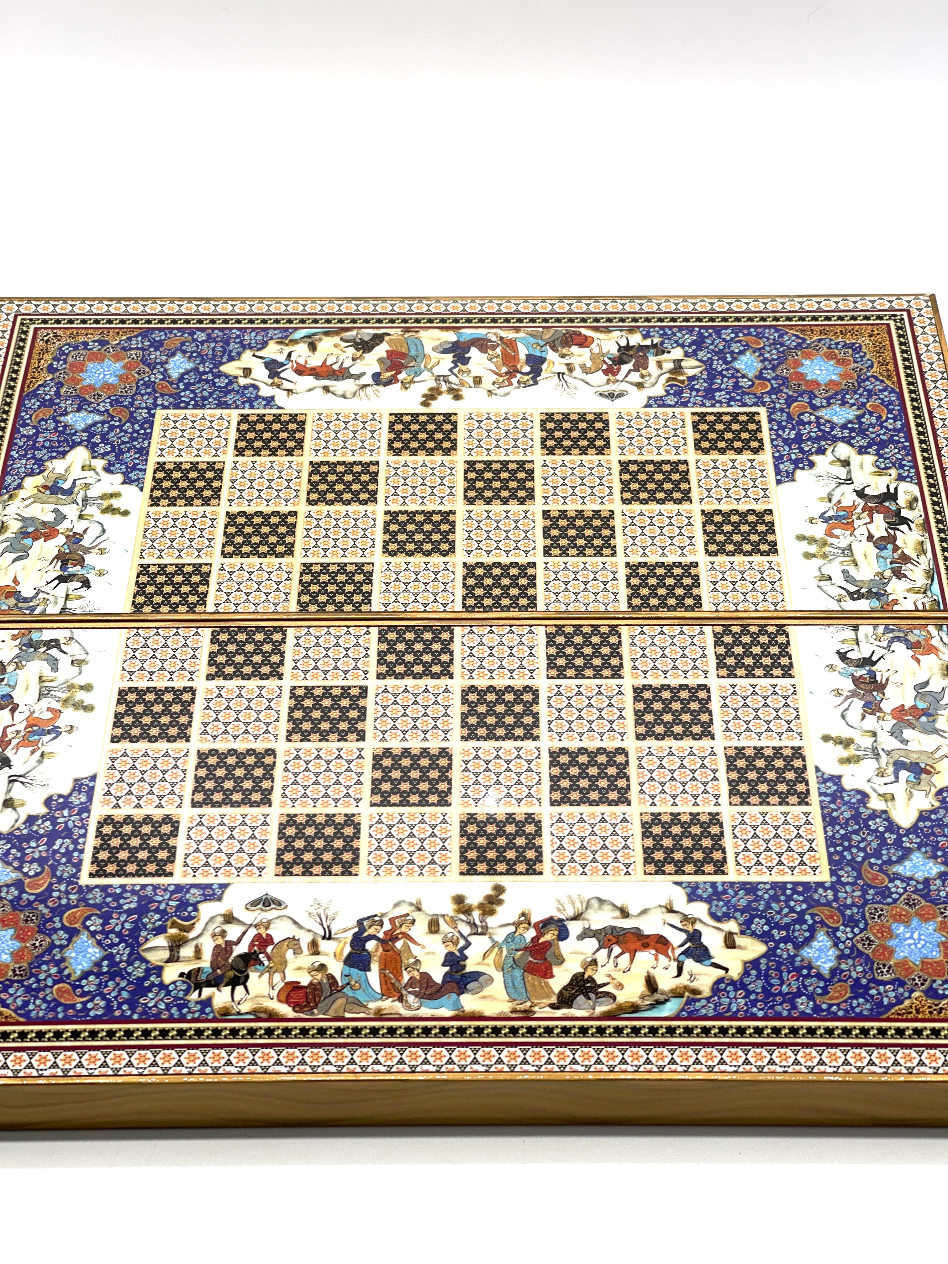 Persian Khatam Turkish Backgammon Set With Polyester Crusaders Chess Pieces