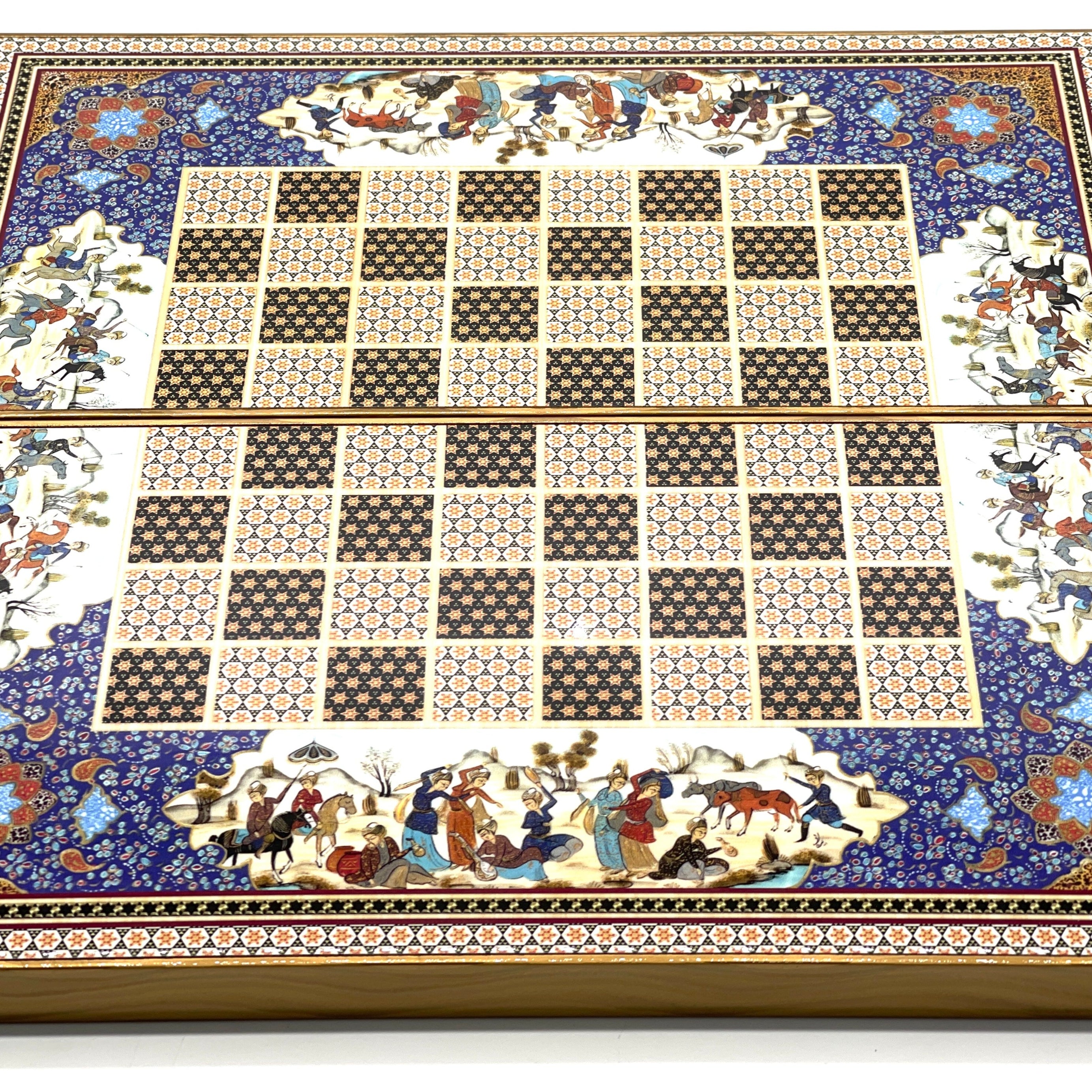 Persian Khatam Turkish Backgammon Set With Wooden Chess Pieces