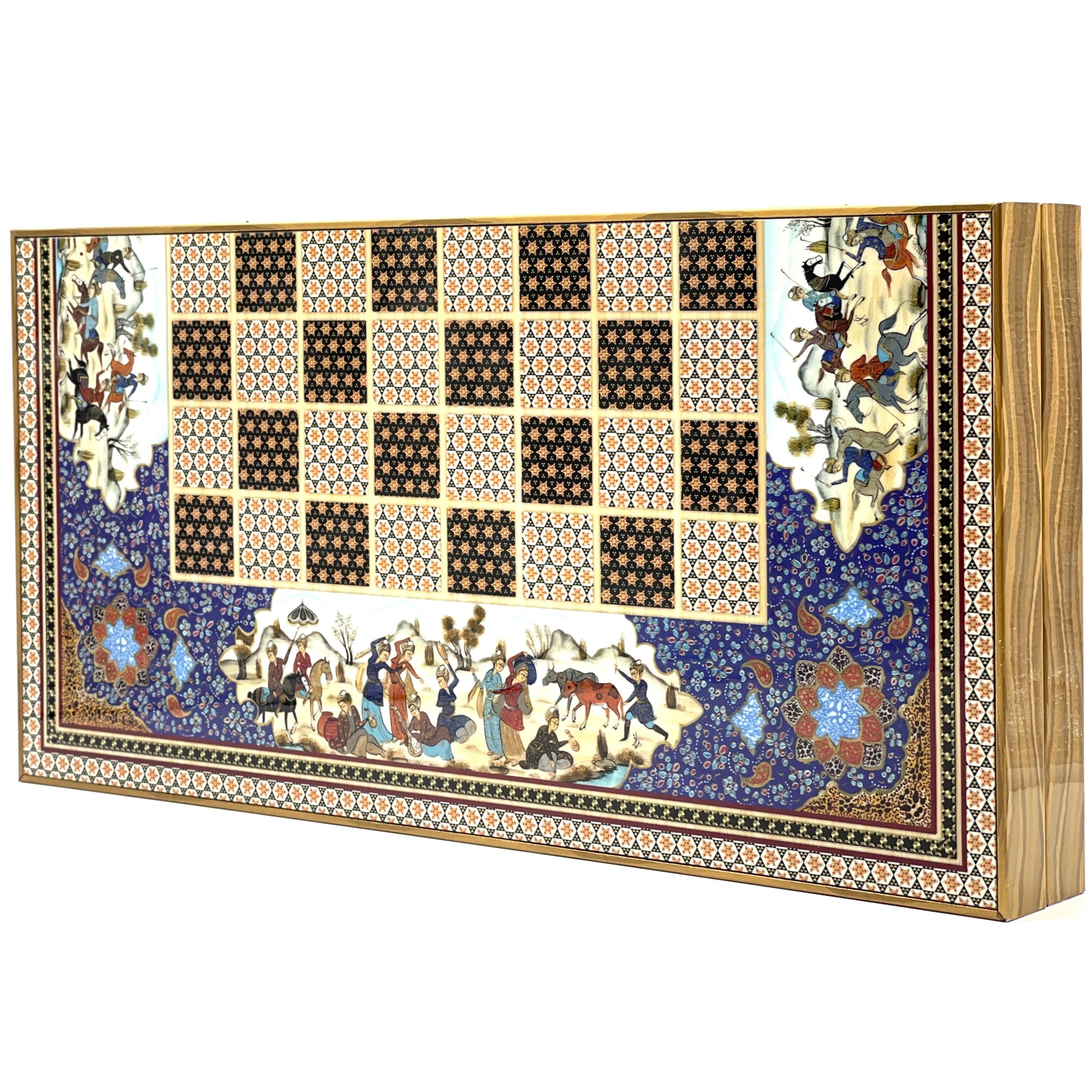 Persian Khatam Turkish Backgammon Set With Polyester Crusaders Chess Pieces