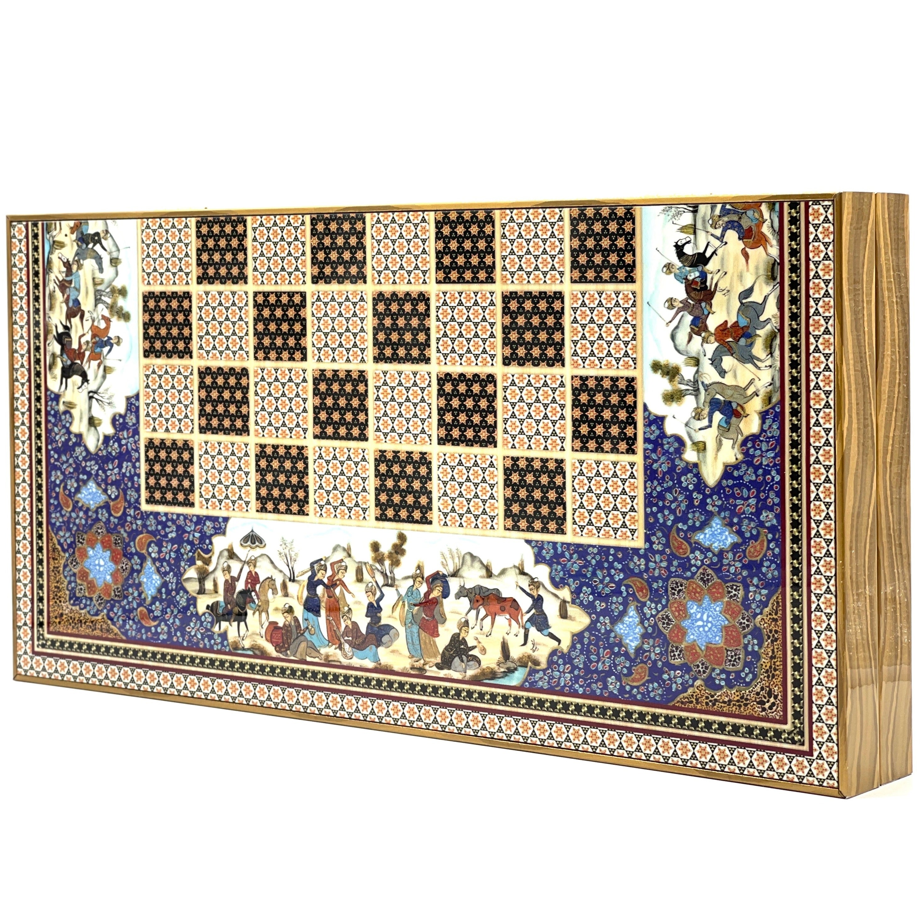 Persian Khatam Turkish Backgammon Set With Polyester Camelot Chess Pieces