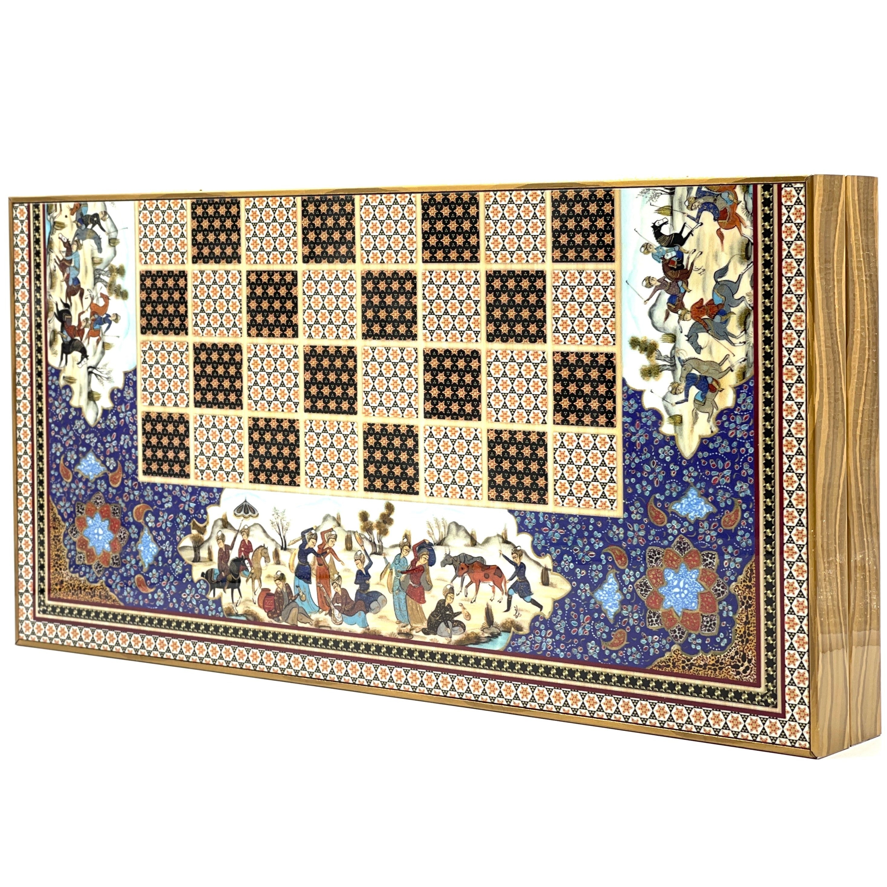 Persian Khatam Turkish Backgammon Set With Polyester Crusaders Chess Pieces