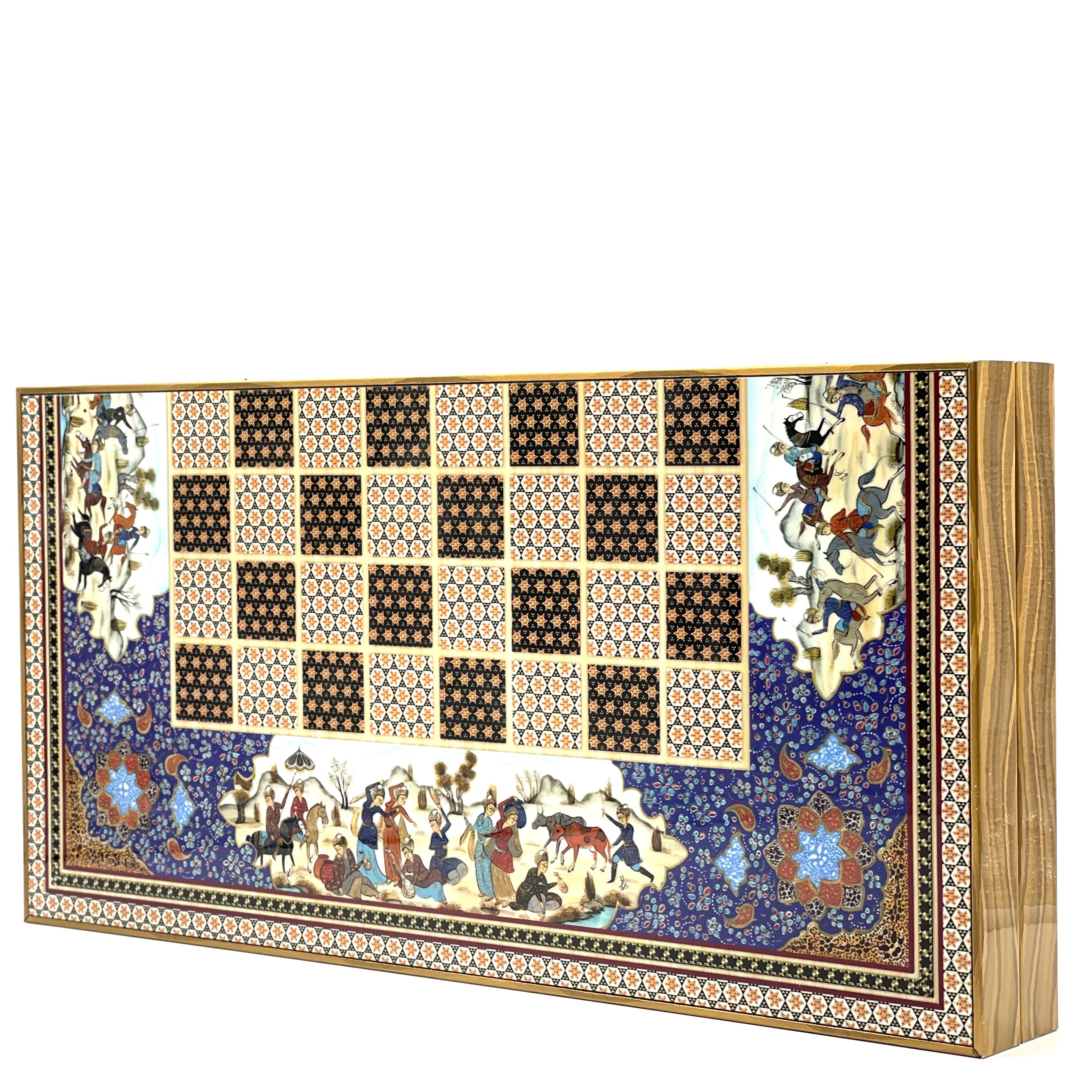 Persian Khatam Turkish Backgammon Set With Polyester Crusaders Chess Pieces