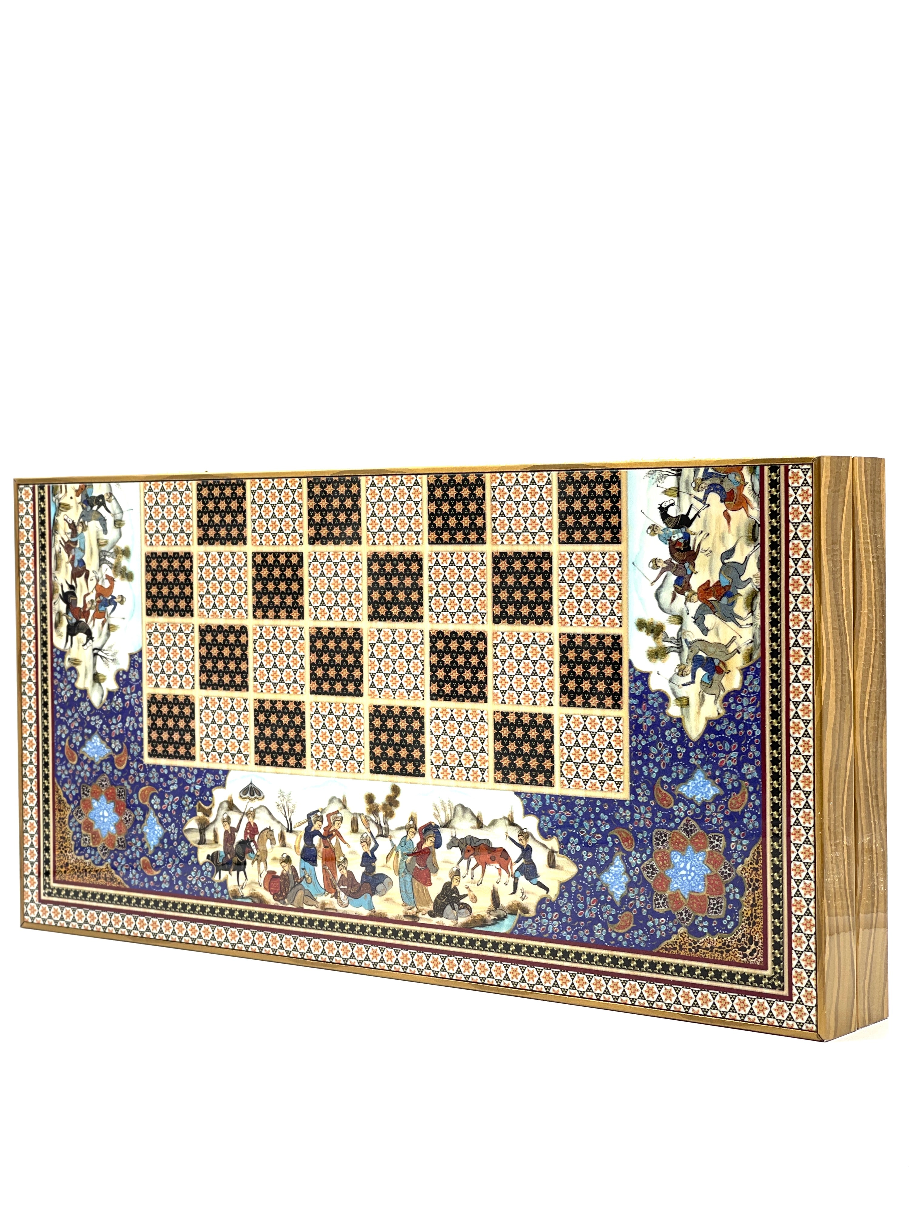 Persian Khatam Turkish Backgammon Set With Polyester Crusaders Chess Pieces