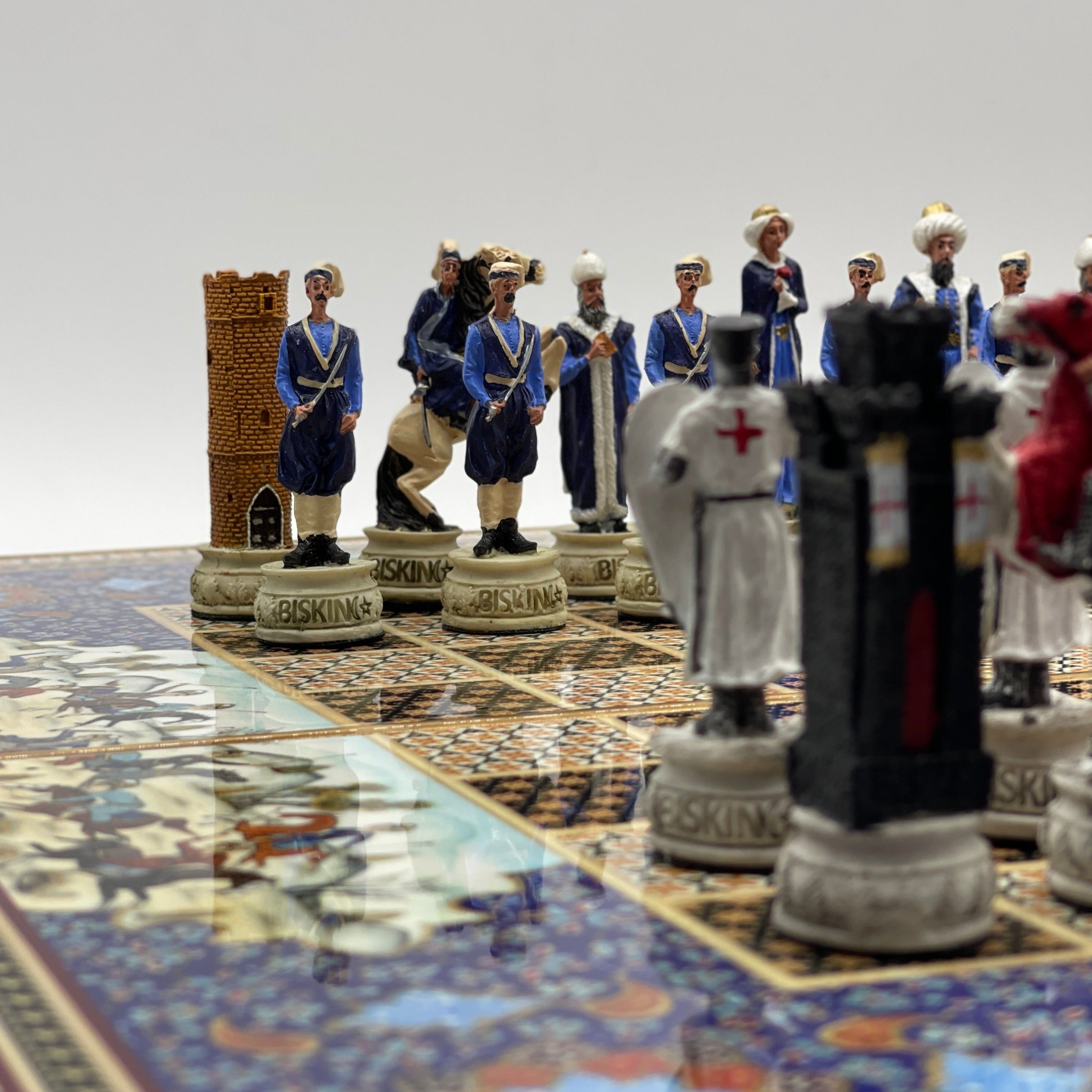 Persian Khatam Turkish Backgammon Set With Polyester Crusaders Chess Pieces