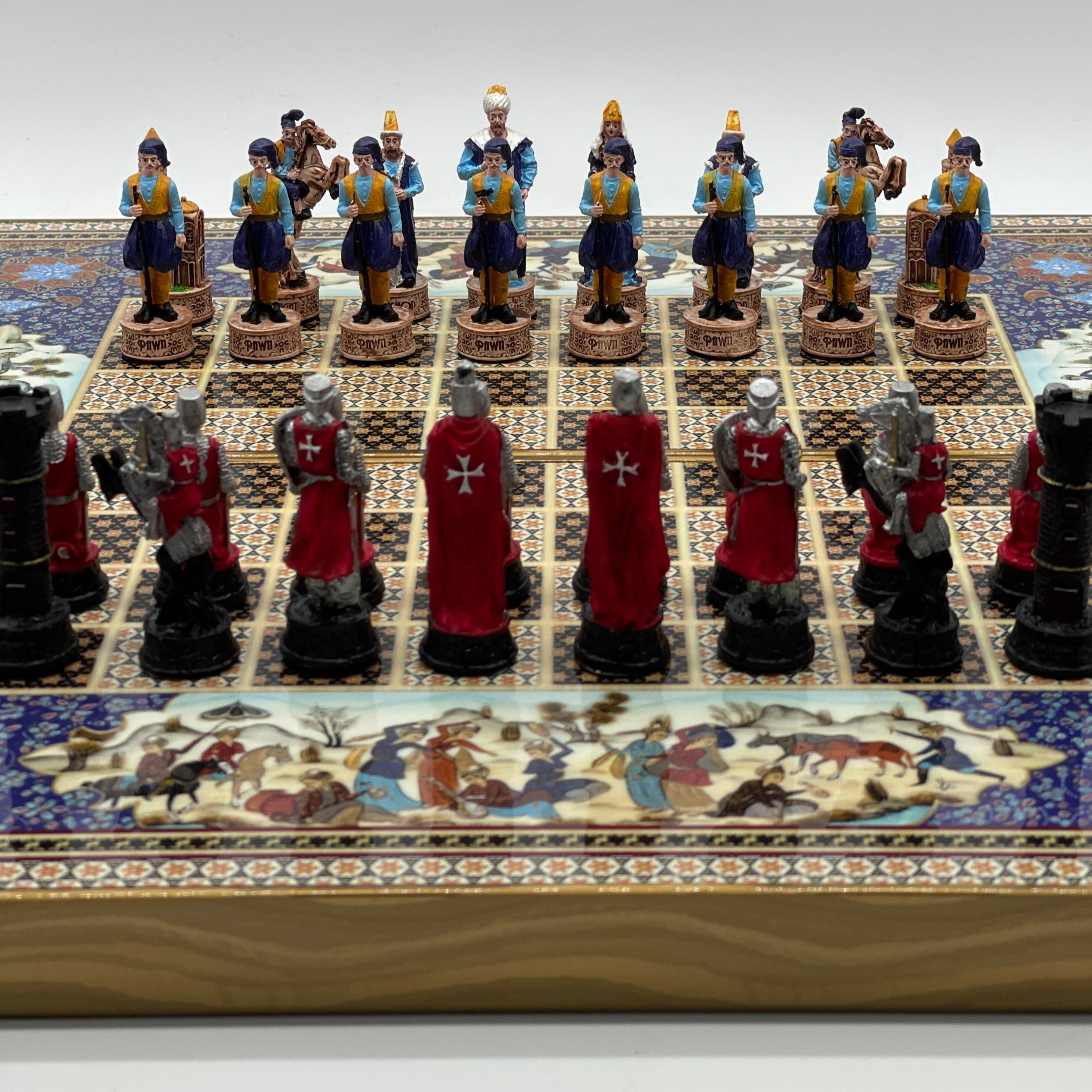 Persian Khatam Turkish Backgammon Set With Polyester Crusaders Chess Pieces