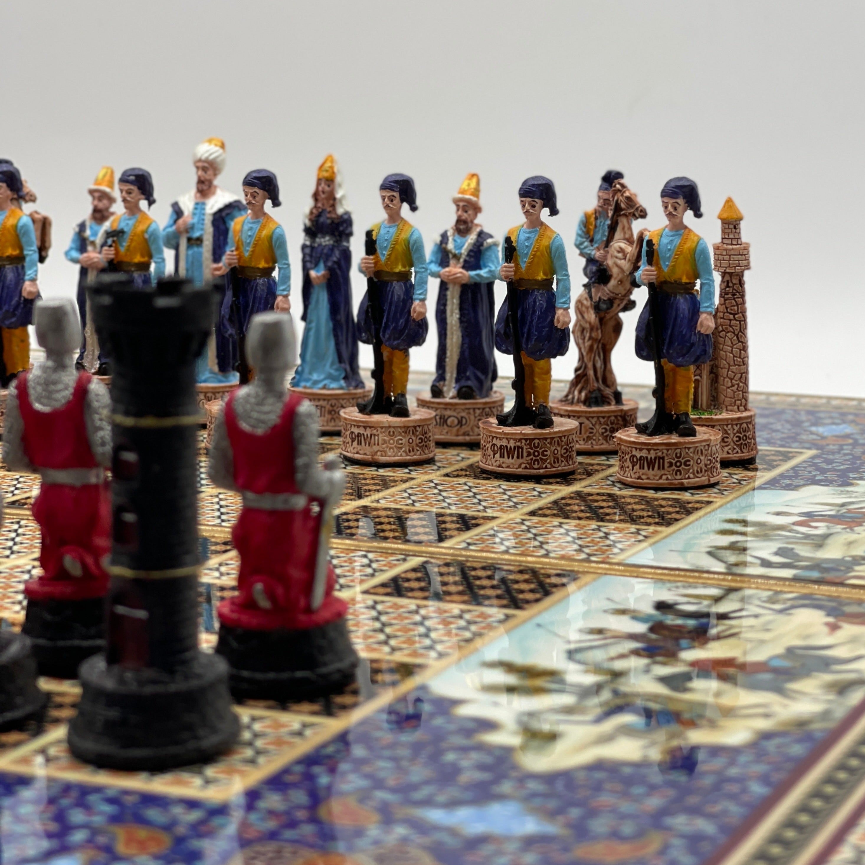 Persian Khatam Turkish Backgammon Set With Polyester Crusaders Chess Pieces