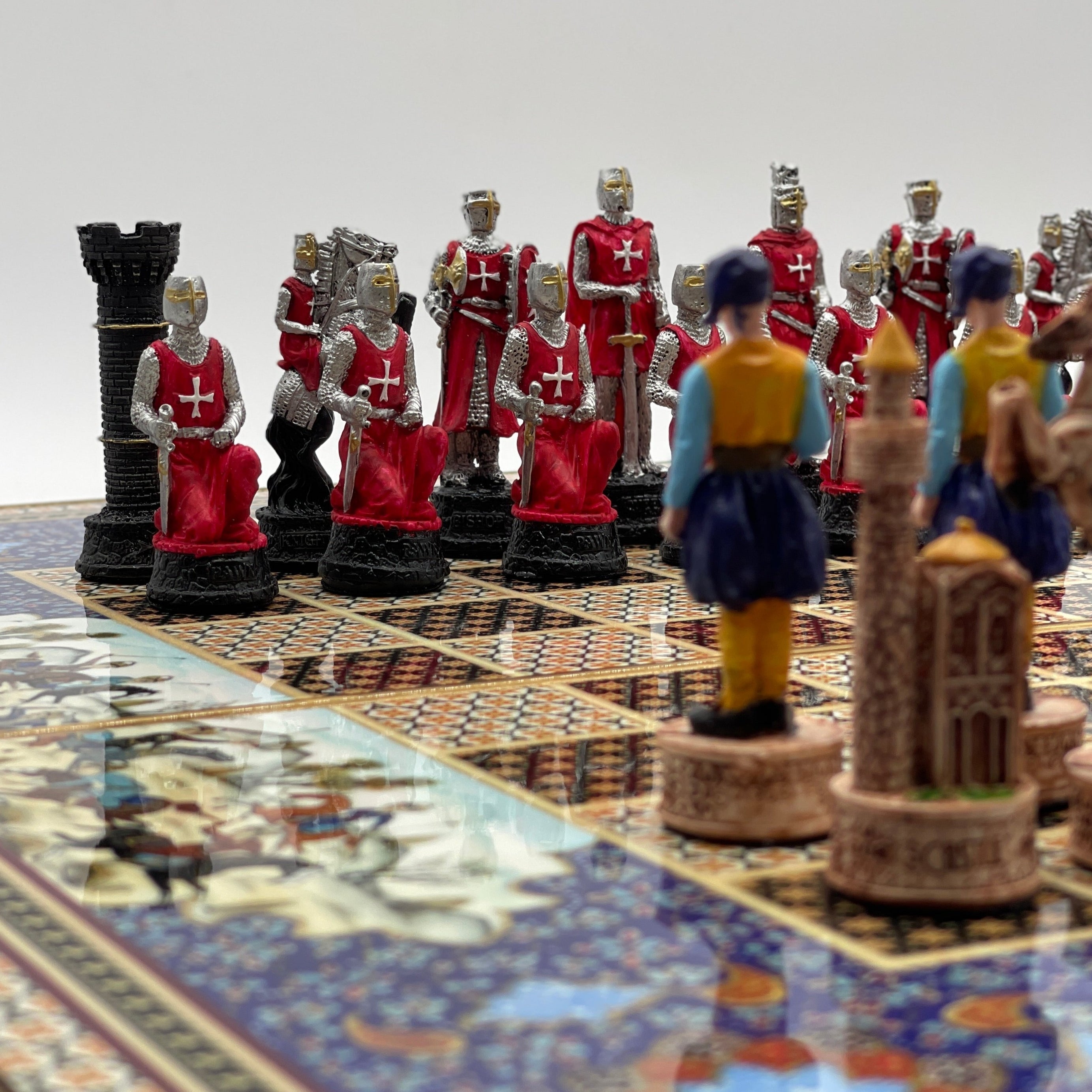 Persian Khatam Turkish Backgammon Set With Polyester Crusaders Chess Pieces