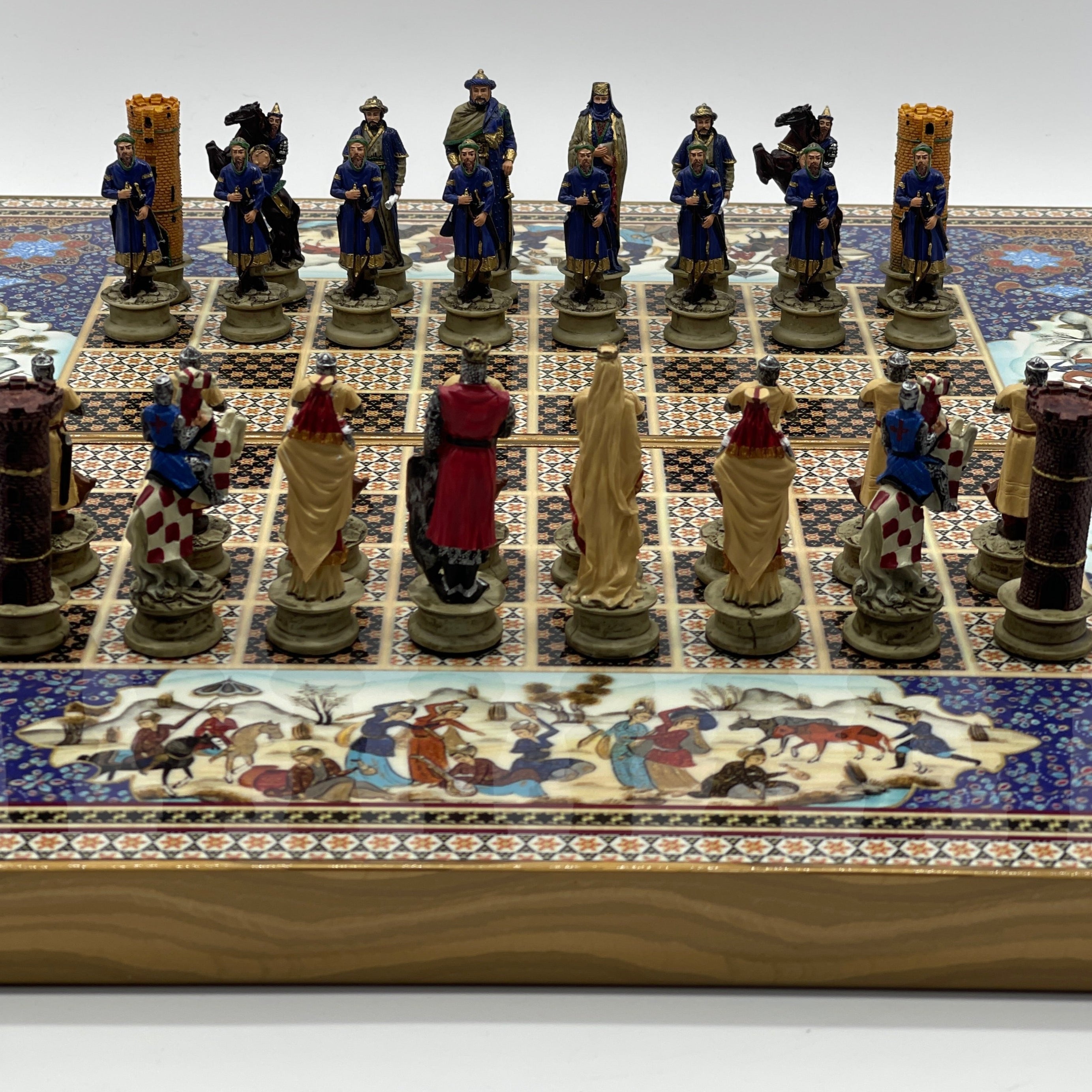 Persian Khatam Turkish Backgammon Set With Polyester Crusaders Chess Pieces