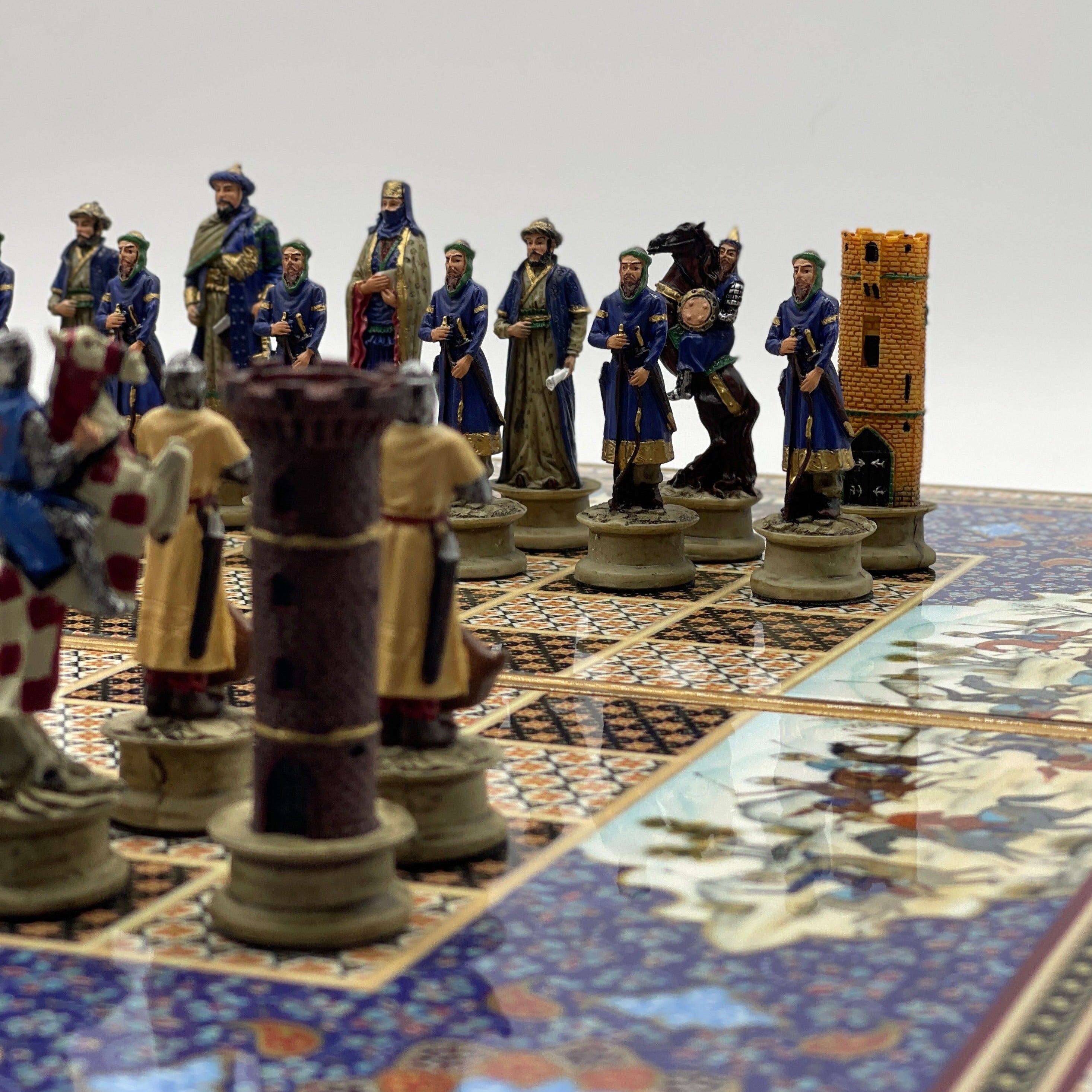 Persian Khatam Turkish Backgammon Set With Polyester Crusaders Chess Pieces