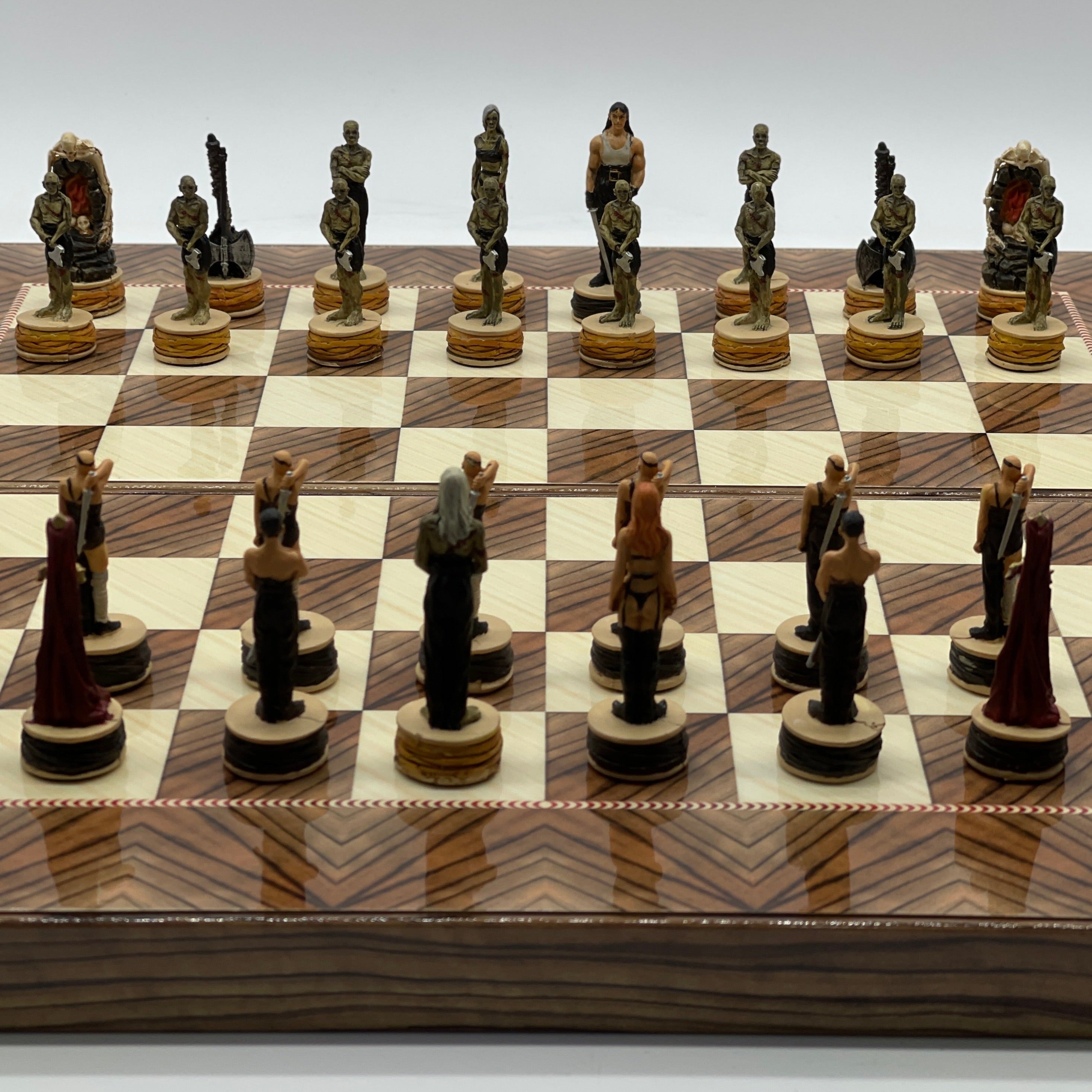 Handmade Brown Pattern Backgammon Set With Polyester Zombies Chess Pieces