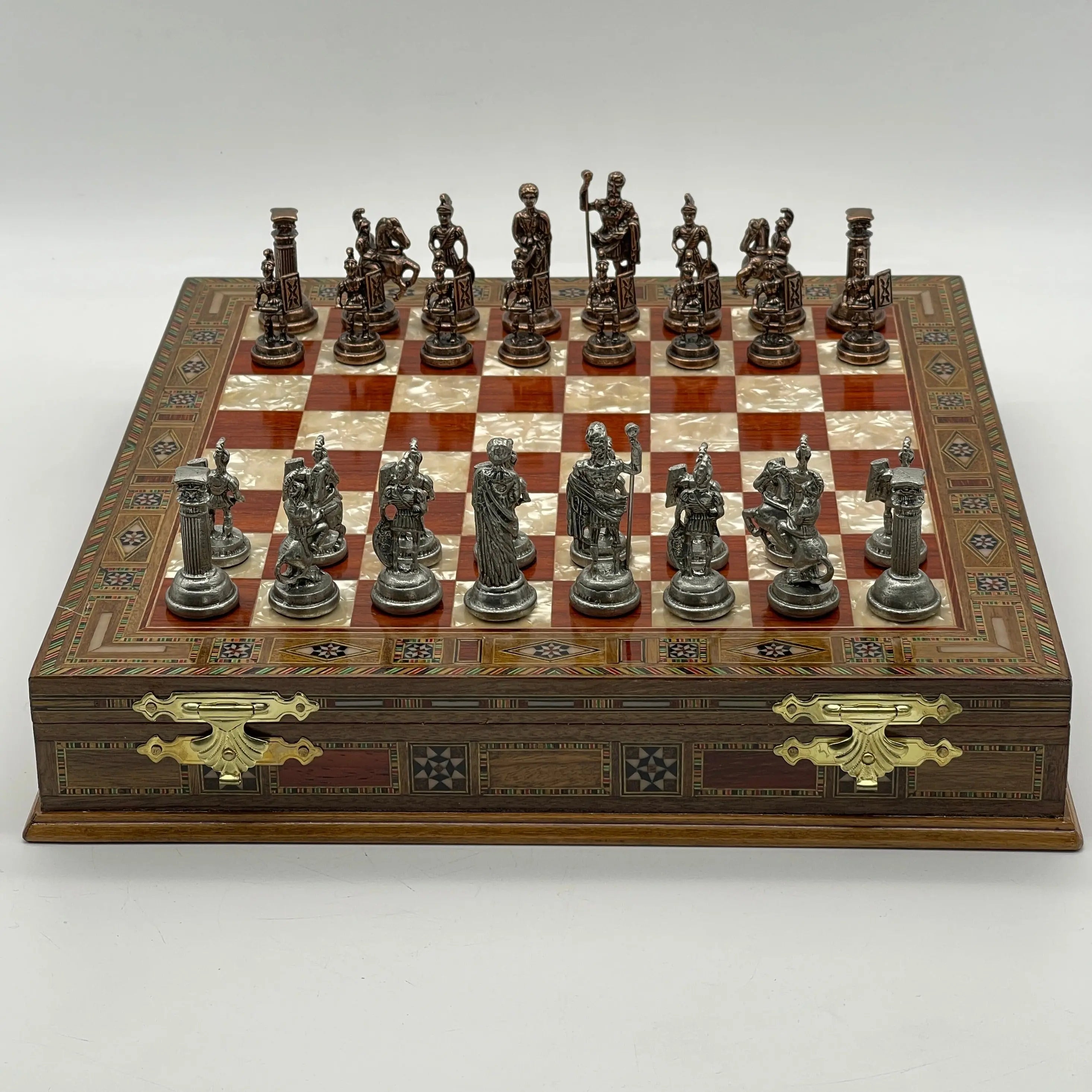 15.3" Personalized Luxury Storage Chess Set with Romans Metal Chess Pieces