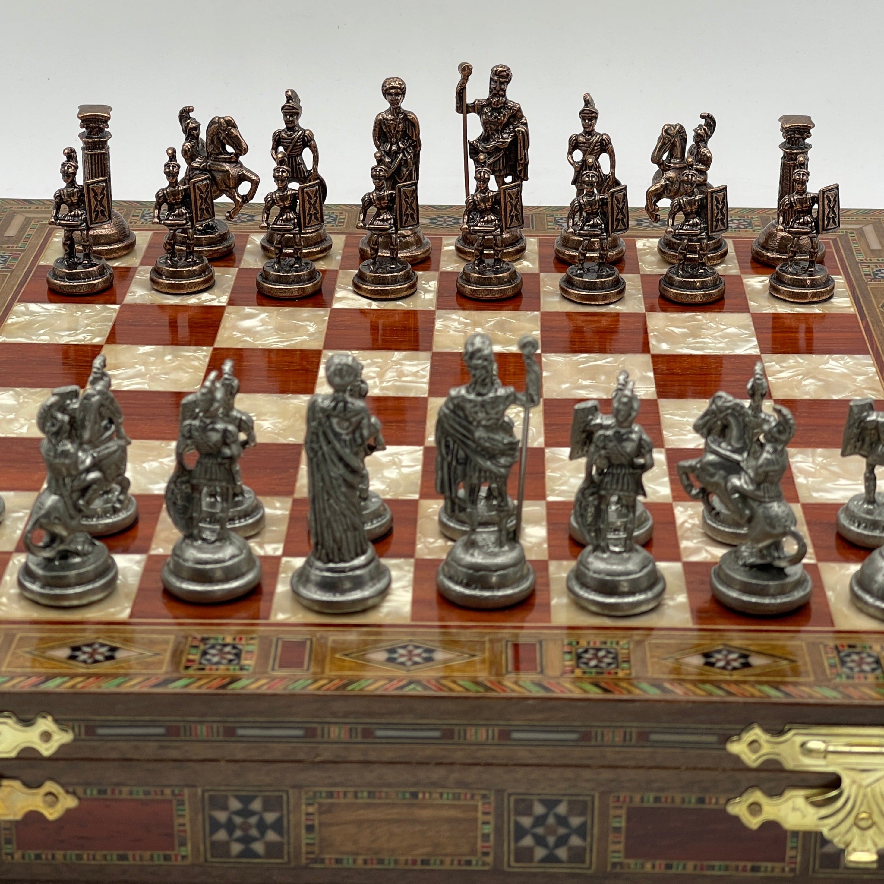 15.3" Personalized Luxury Storage Chess Set with Romans Metal Chess Pieces