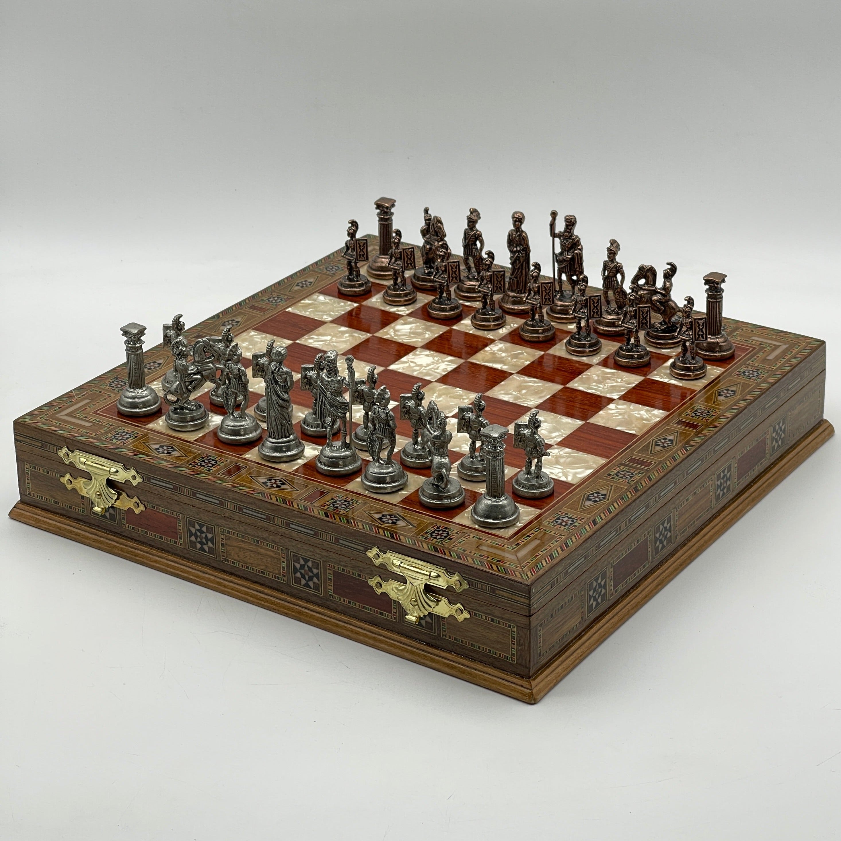 15.3" Personalized Luxury Storage Chess Set with Romans Metal Chess Pieces