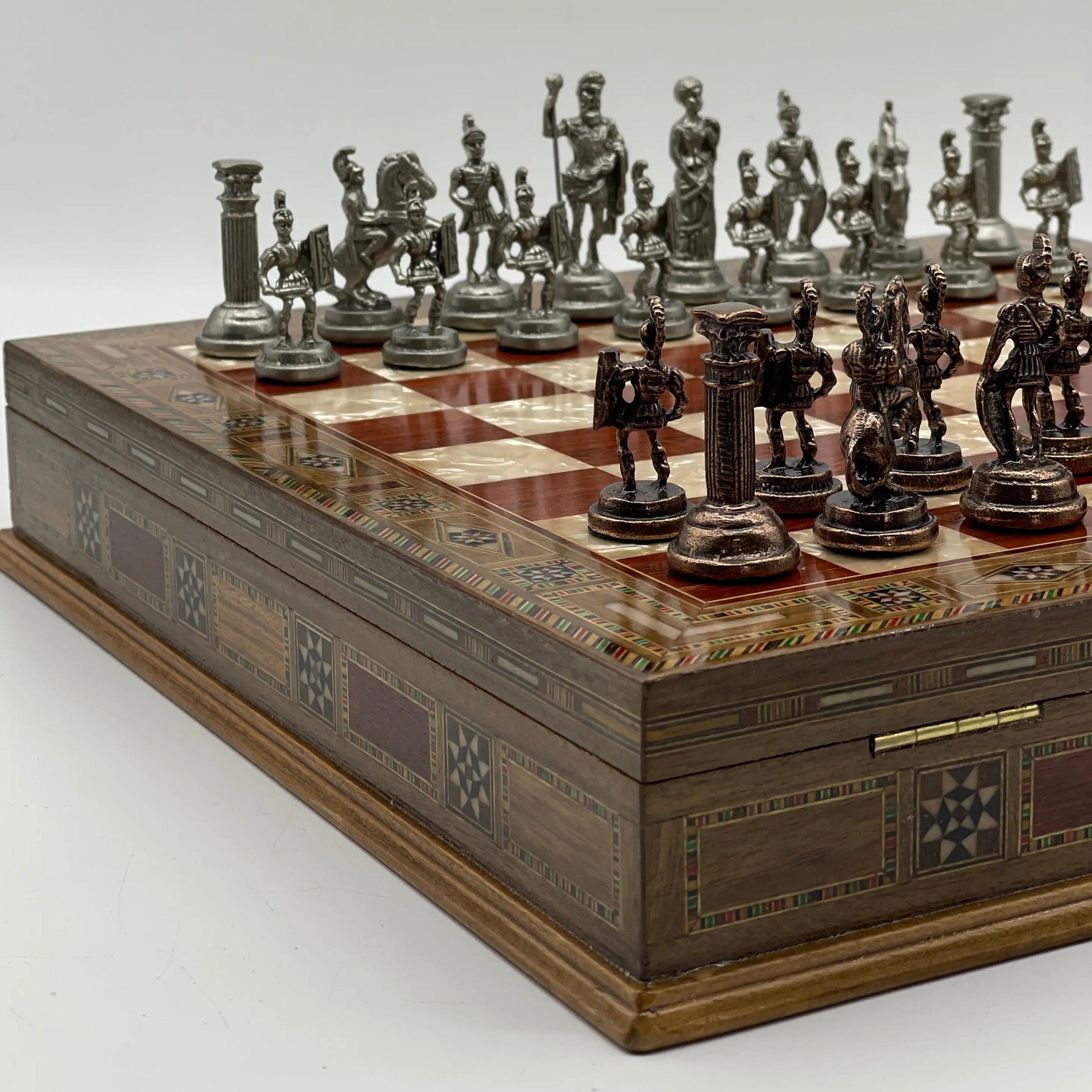 15.3" Personalized Luxury Storage Chess Set with Romans Metal Chess Pieces