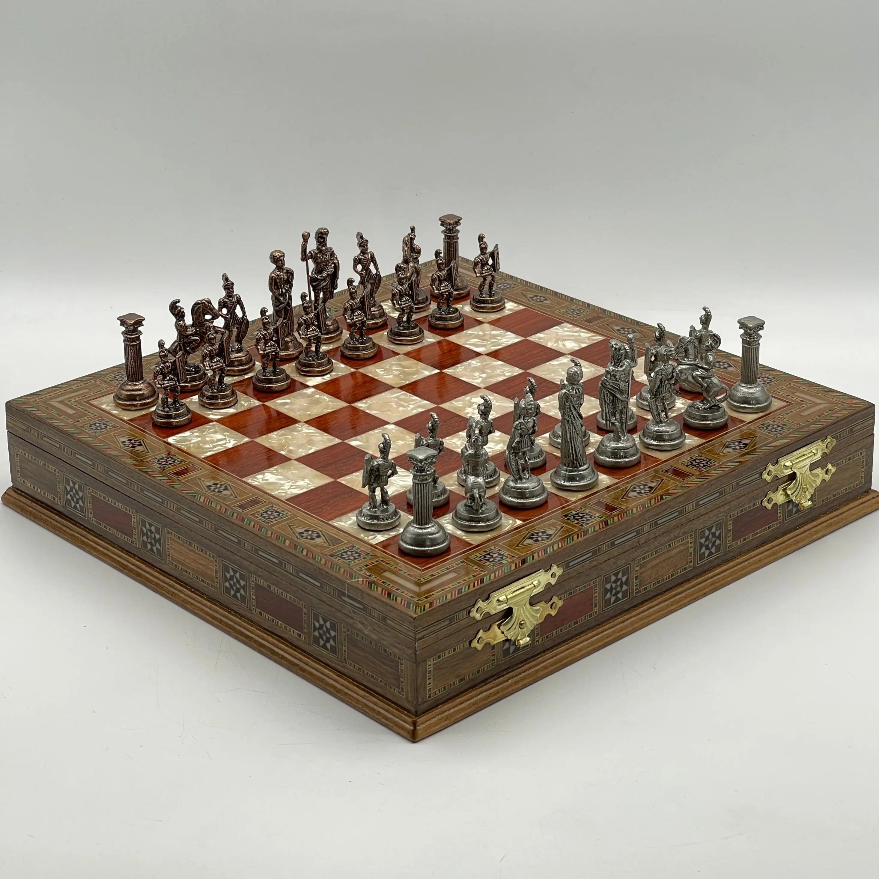 15.3" Personalized Luxury Storage Chess Set with Romans Metal Chess Pieces