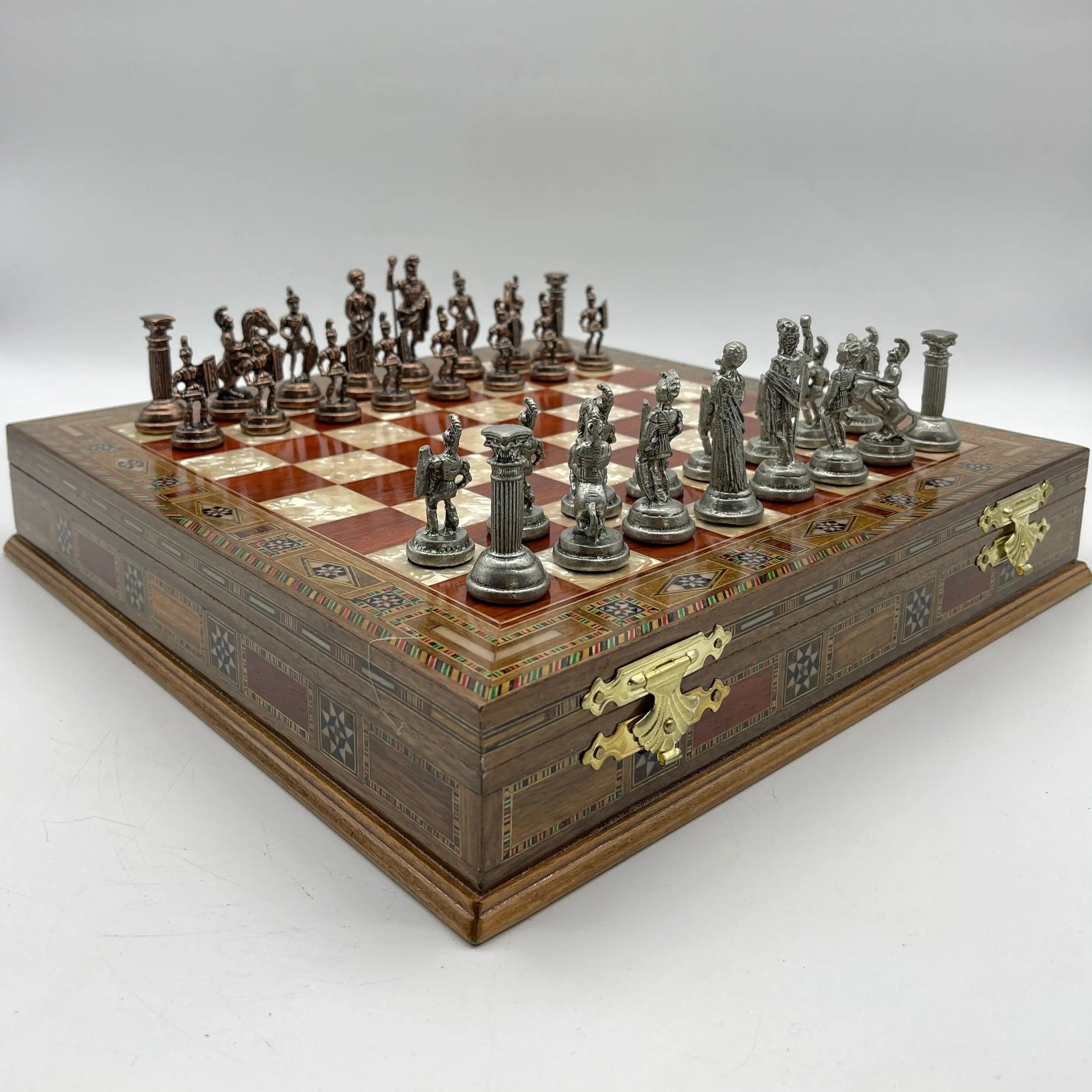 15.3" Personalized Luxury Storage Chess Set with Romans Metal Chess Pieces