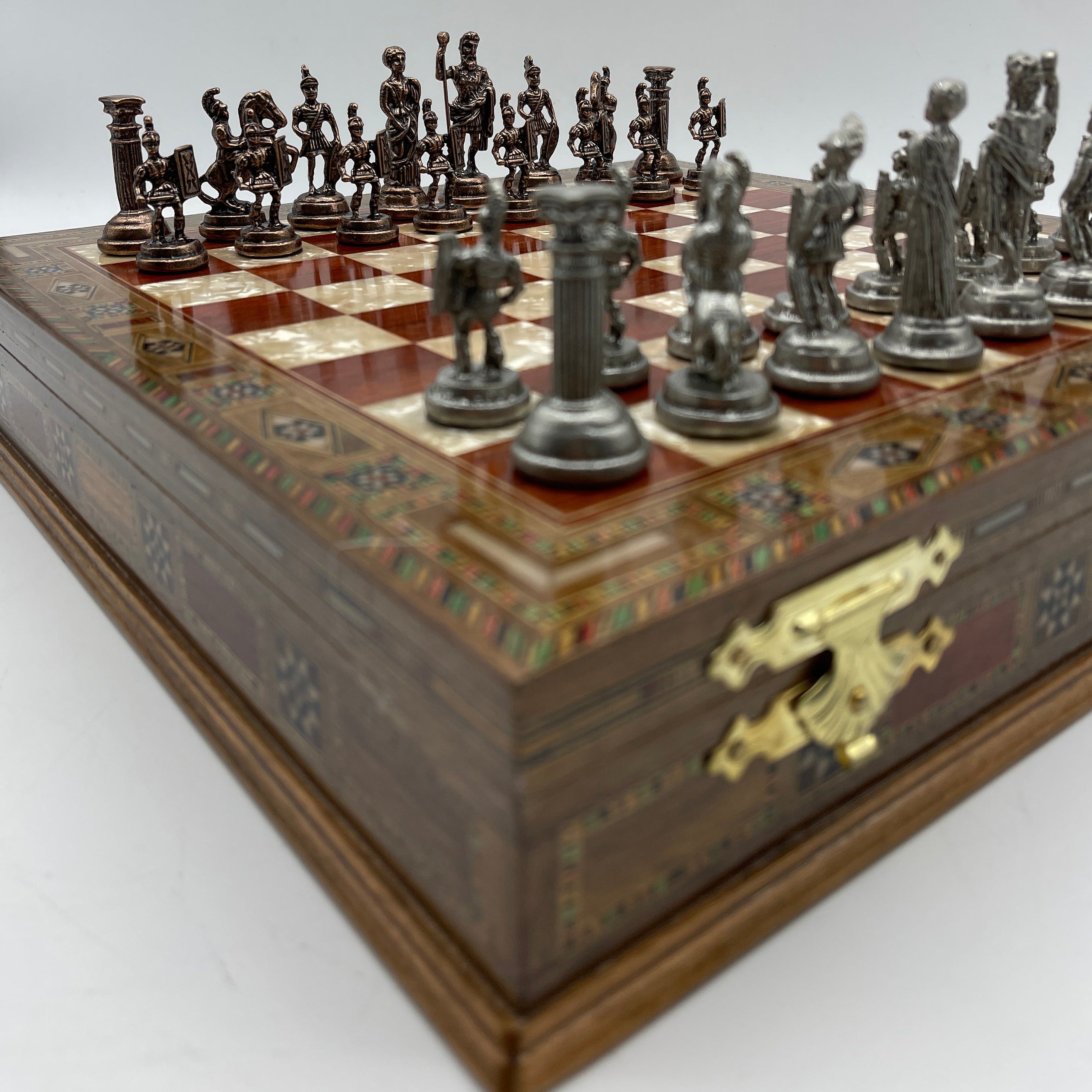 15.3" Personalized Luxury Storage Chess Set with Romans Metal Chess Pieces