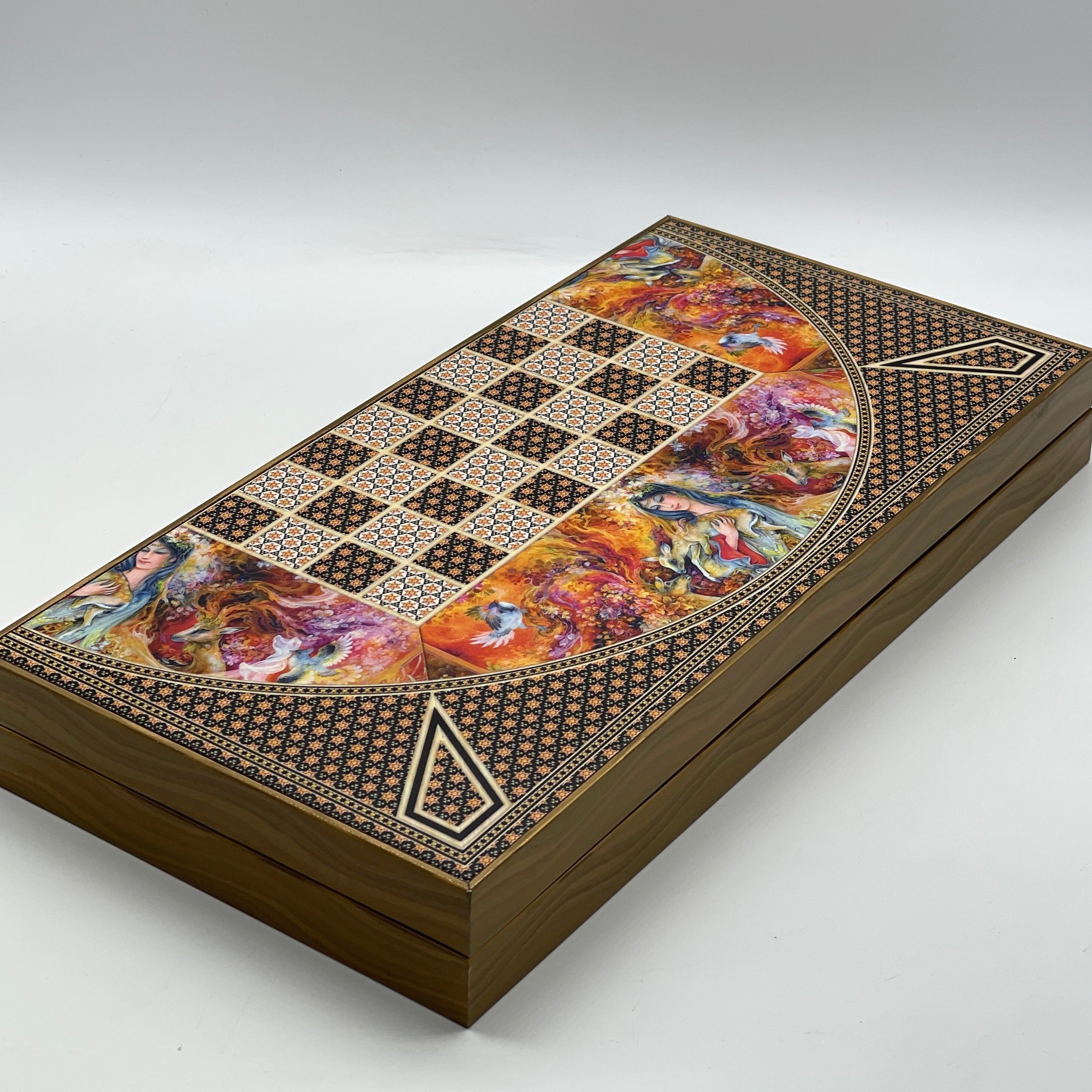 Handmade Hatemi Colors Pattern Backgammon Set With Crusaders Chess Pieces