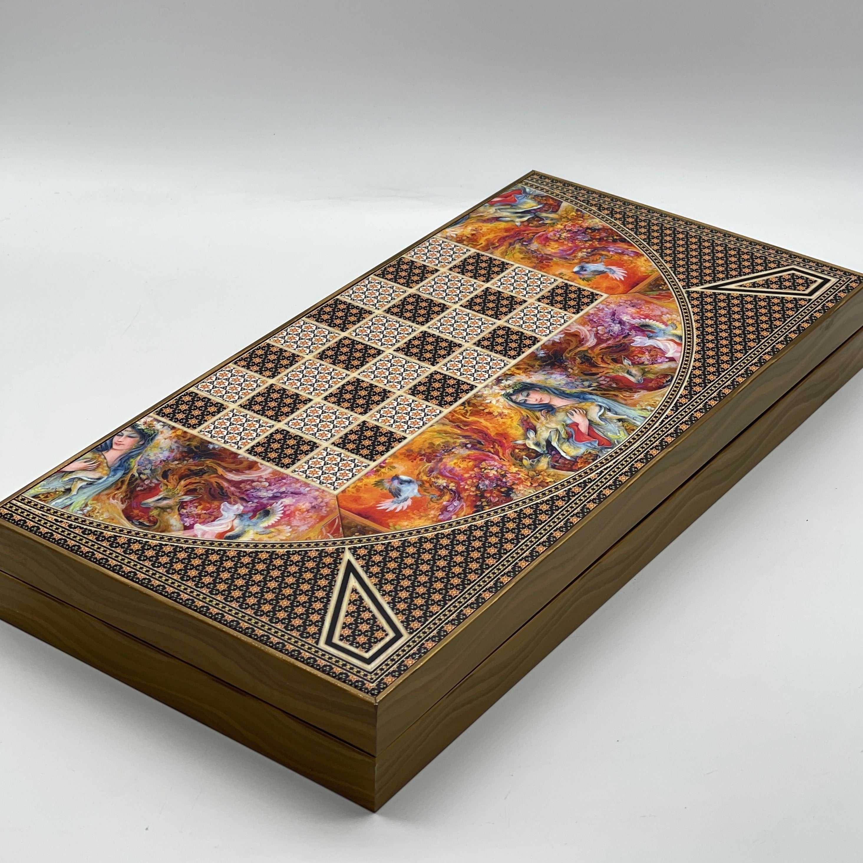 Handmade Hatemi Colors Pattern Backgammon Set With Crusaders Chess Pieces