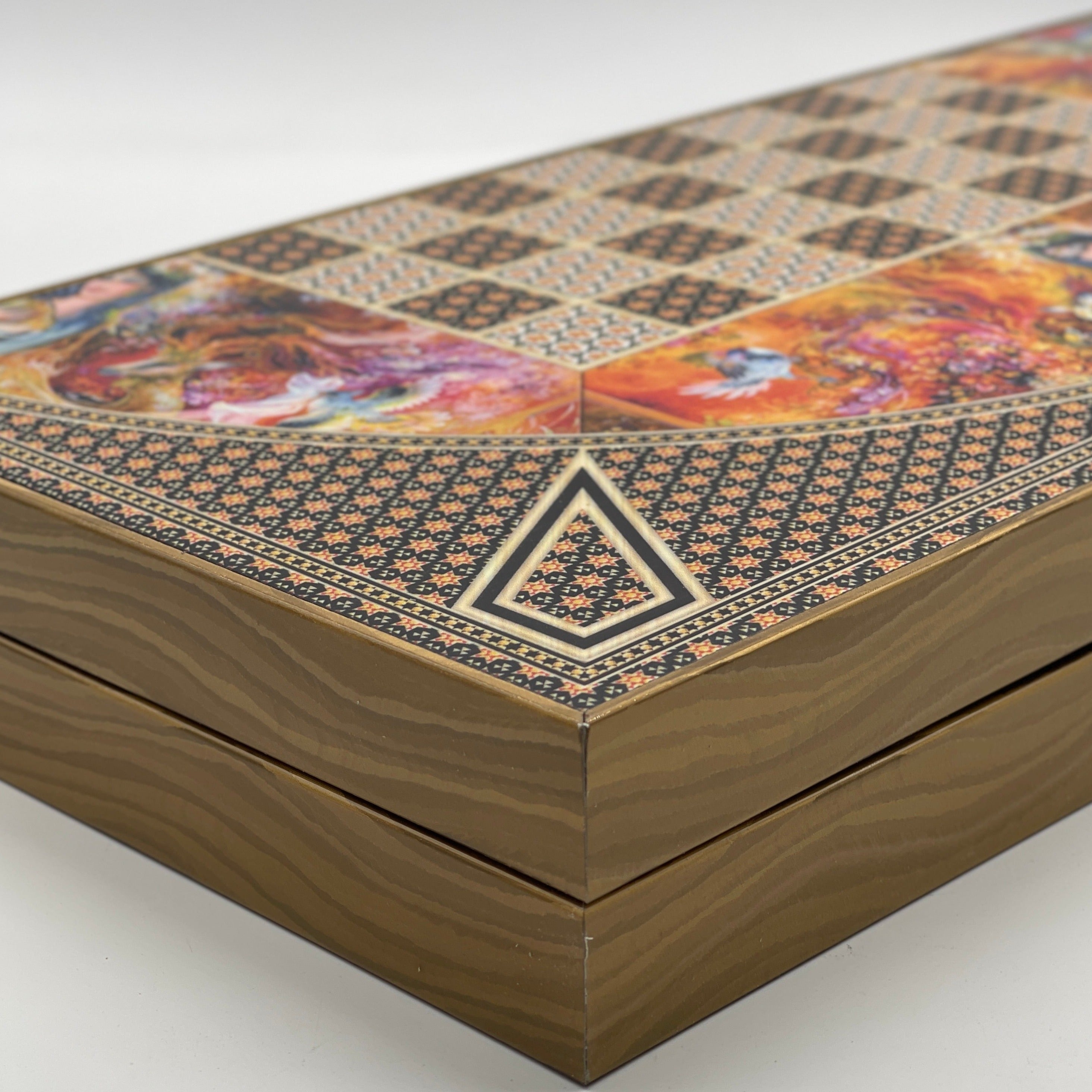 Handmade Hatemi Colors Pattern Backgammon Set With Crusaders Chess Pieces