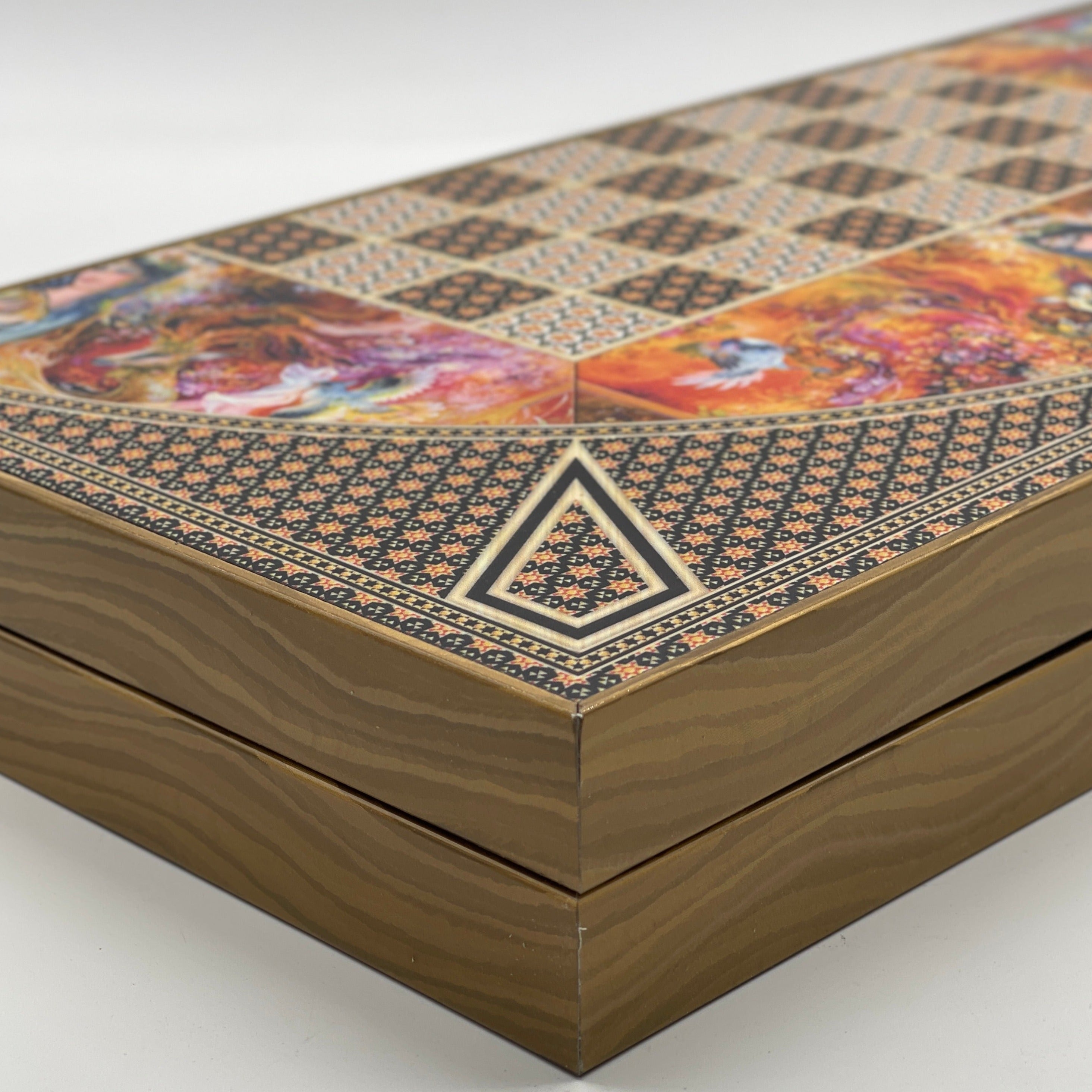 Handmade Hatemi Colors Pattern Backgammon Set With Crusaders Chess Pieces