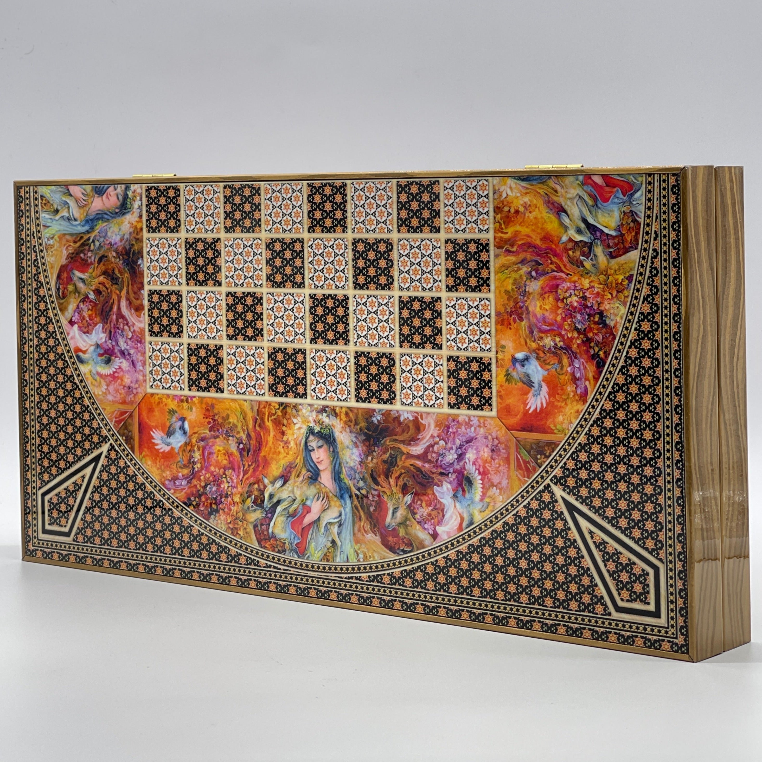 Handmade Hatemi Colors Pattern Backgammon Set With Crusaders Chess Pieces