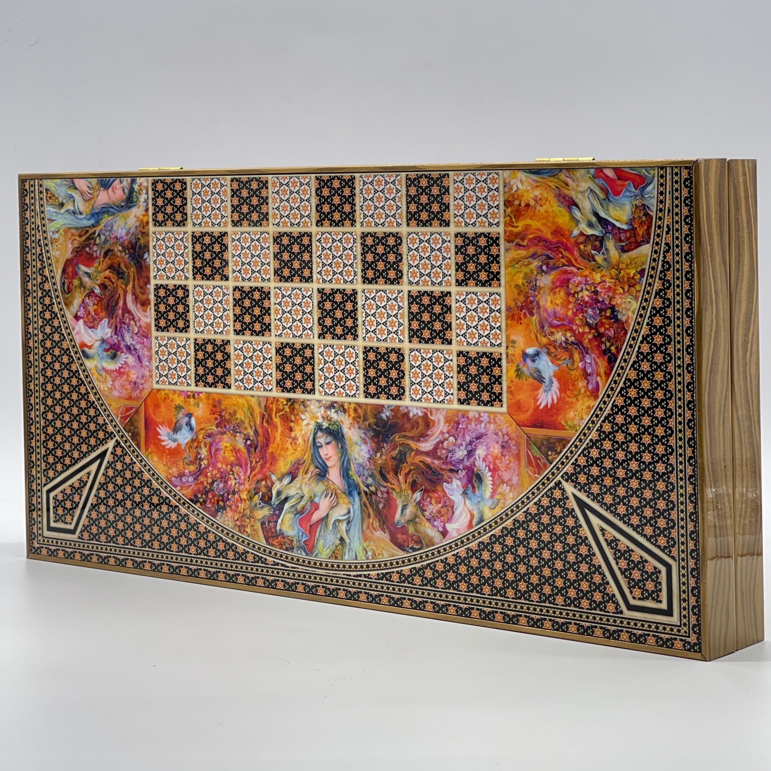 Handmade Hatemi Colors Pattern Backgammon Set With Crusaders Chess Pieces