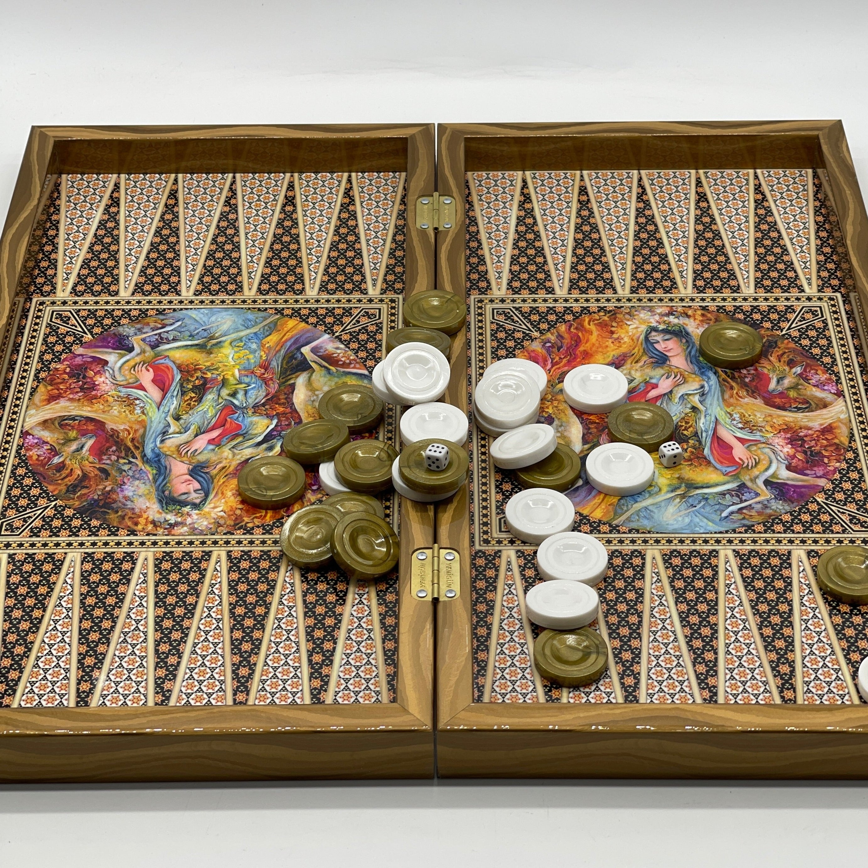 Handmade Hatemi Colors Pattern Backgammon Set With Crusaders Chess Pieces