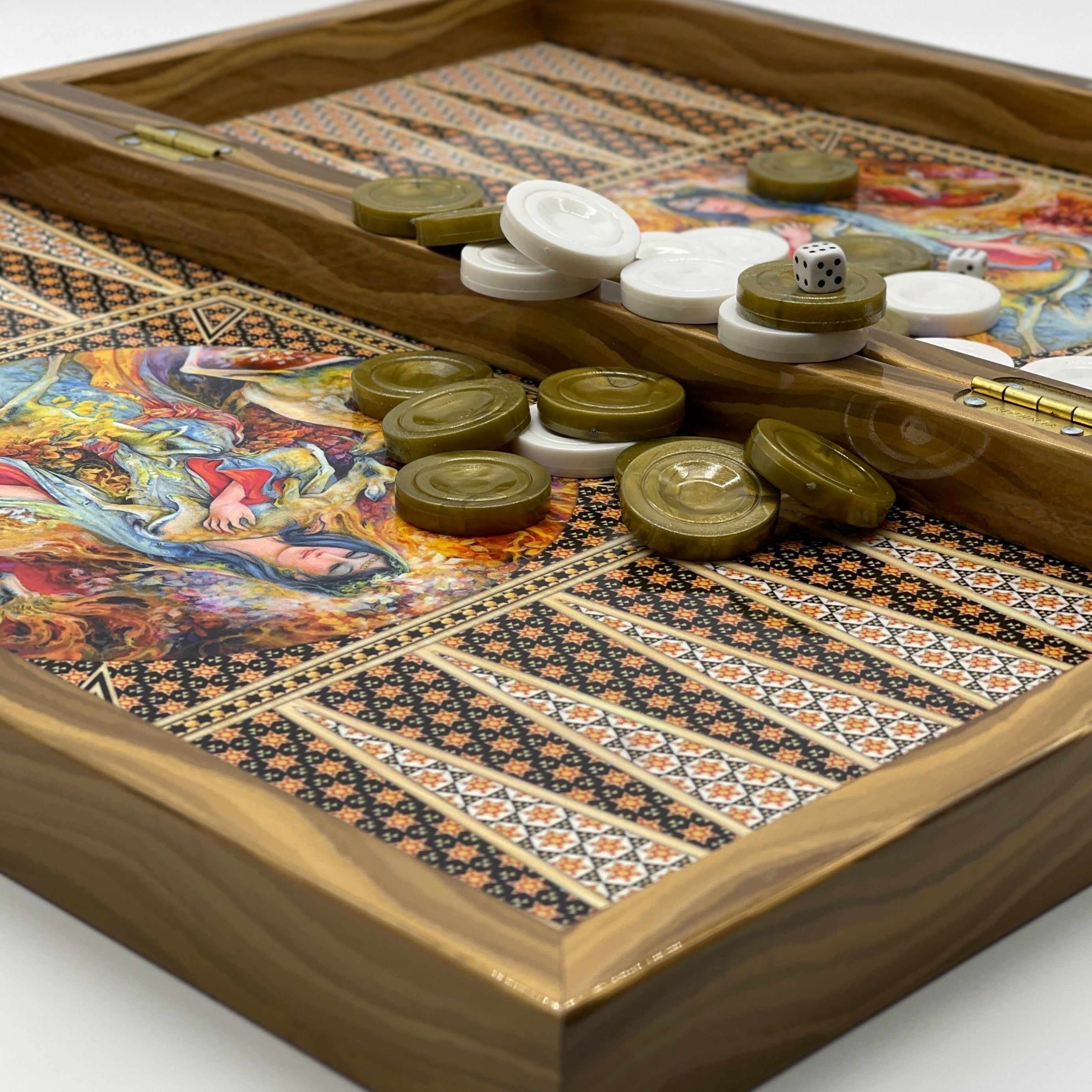 Handmade Hatemi Colors Pattern Backgammon Set With Crusaders Chess Pieces