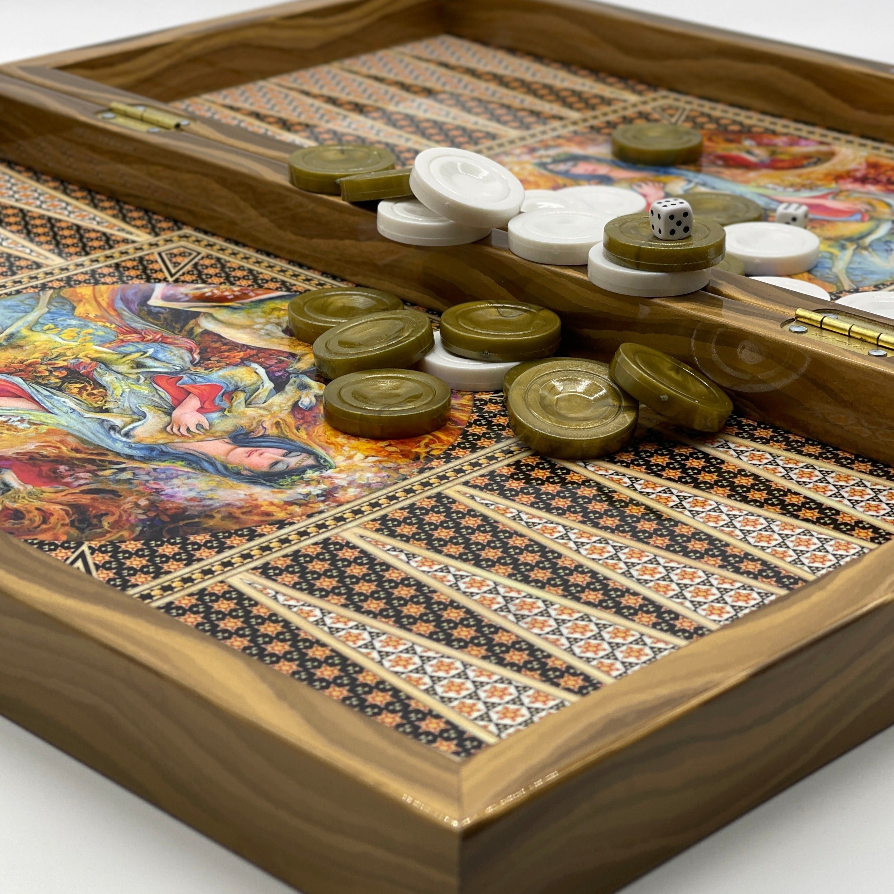 Handmade Hatemi Colors Pattern Backgammon Set With Crusaders Chess Pieces