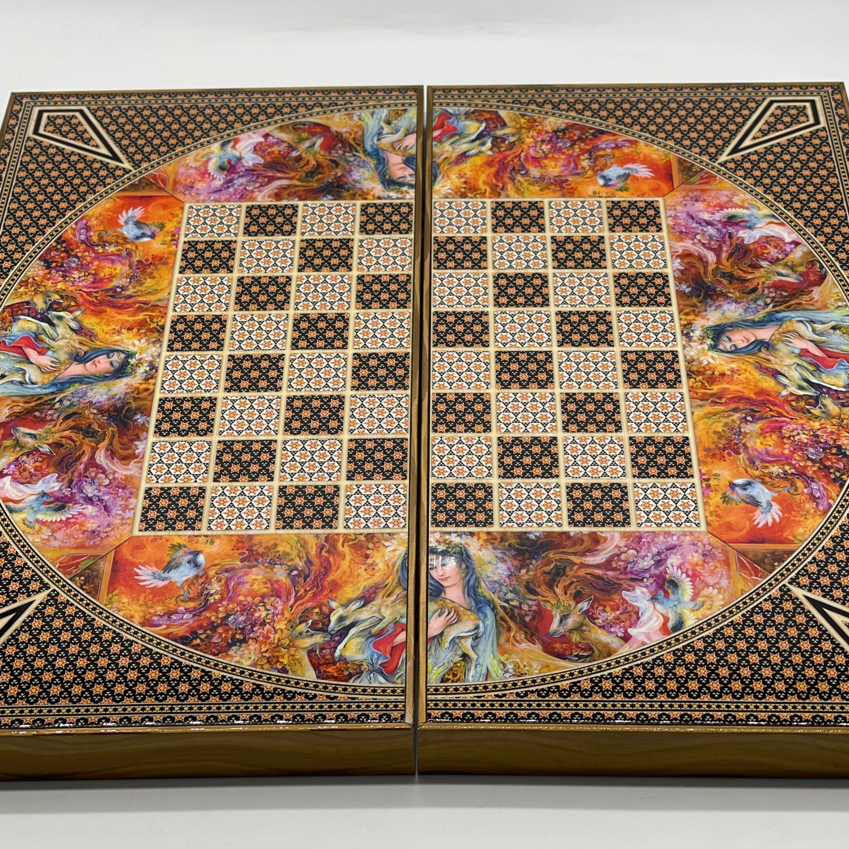 Handmade Hatemi Colors Pattern Backgammon Set With Crusaders Chess Pieces