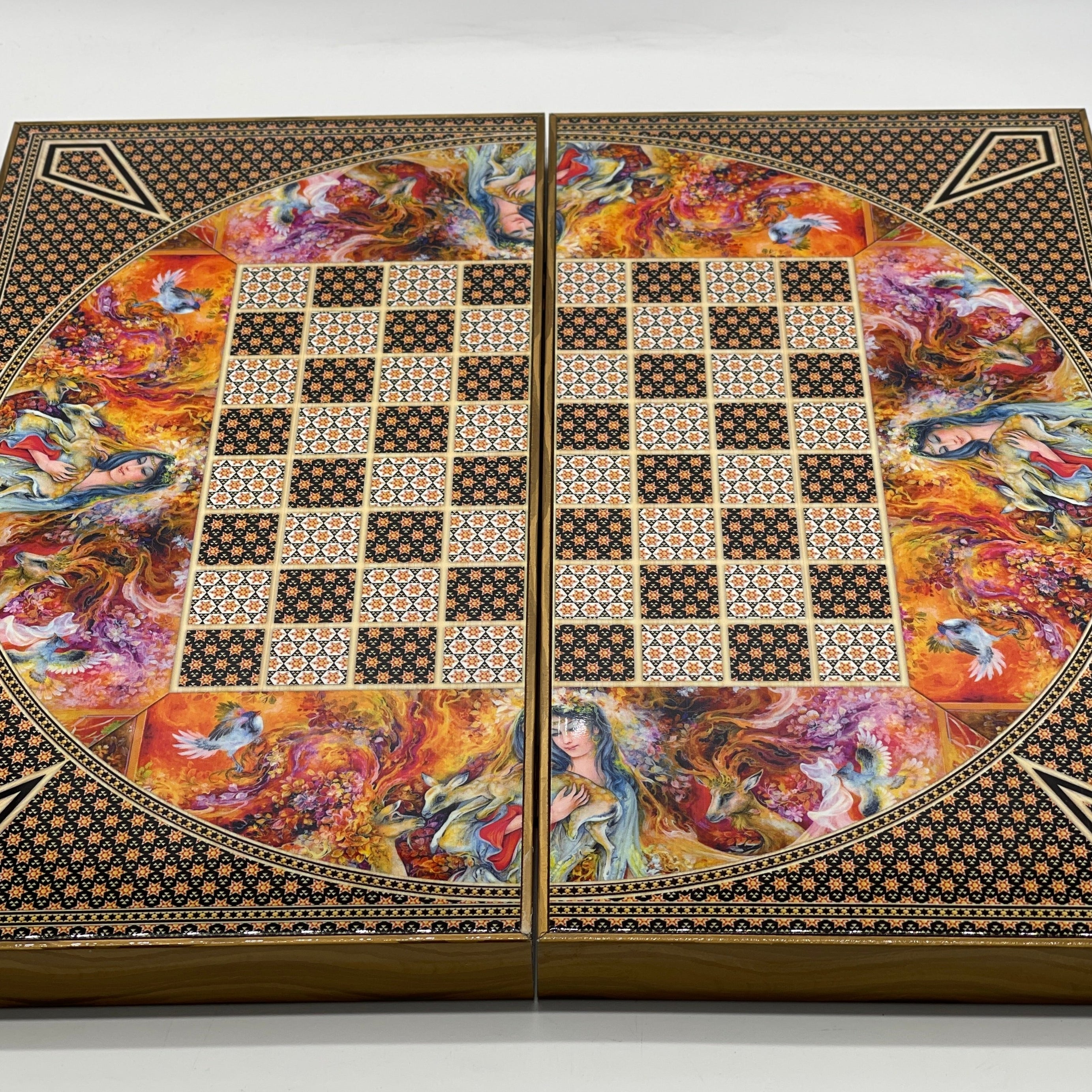 Handmade Hatemi Colors Pattern Backgammon Set With Crusaders Chess Pieces