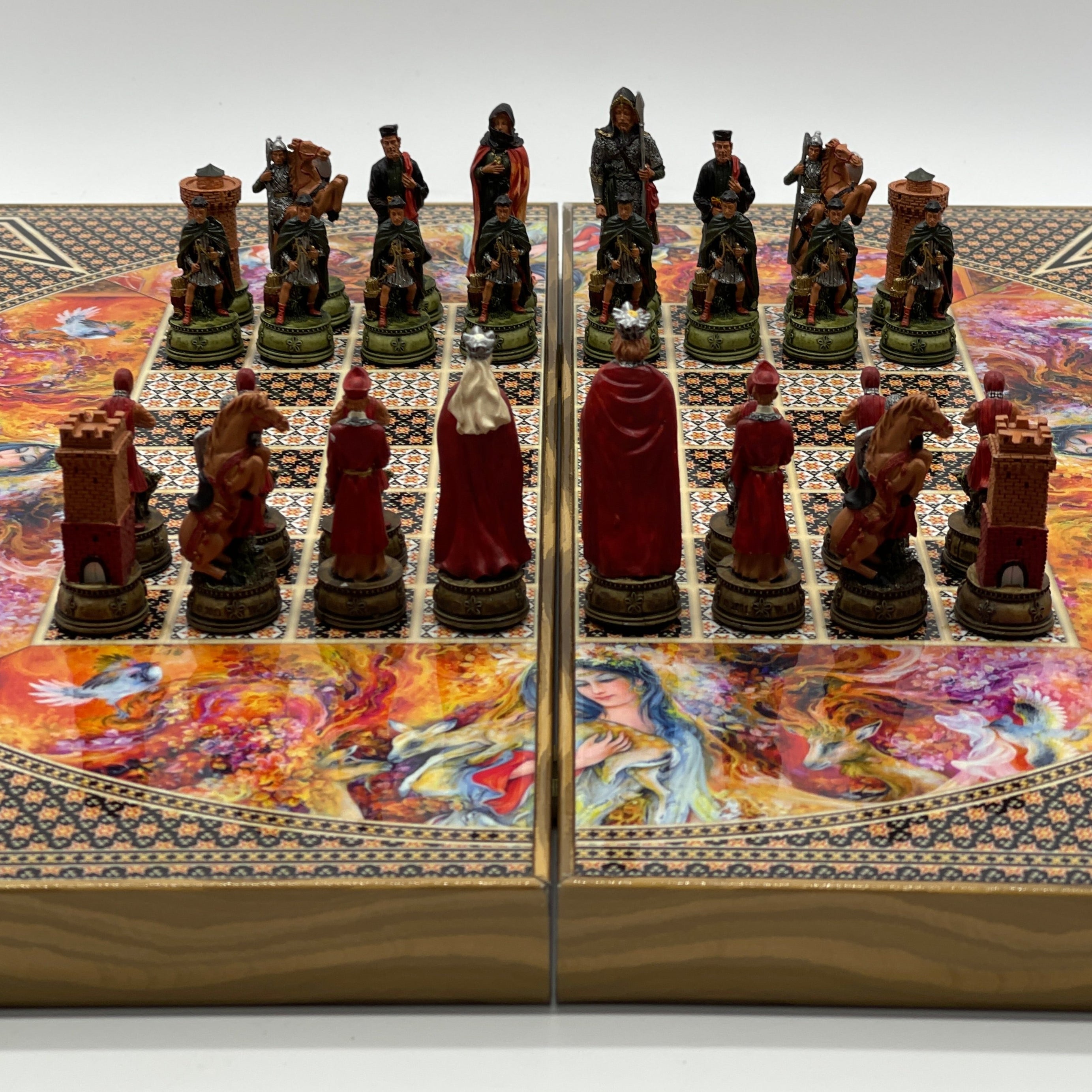 Handmade Hatemi Colors Pattern Backgammon Set With Crusaders Chess Pieces