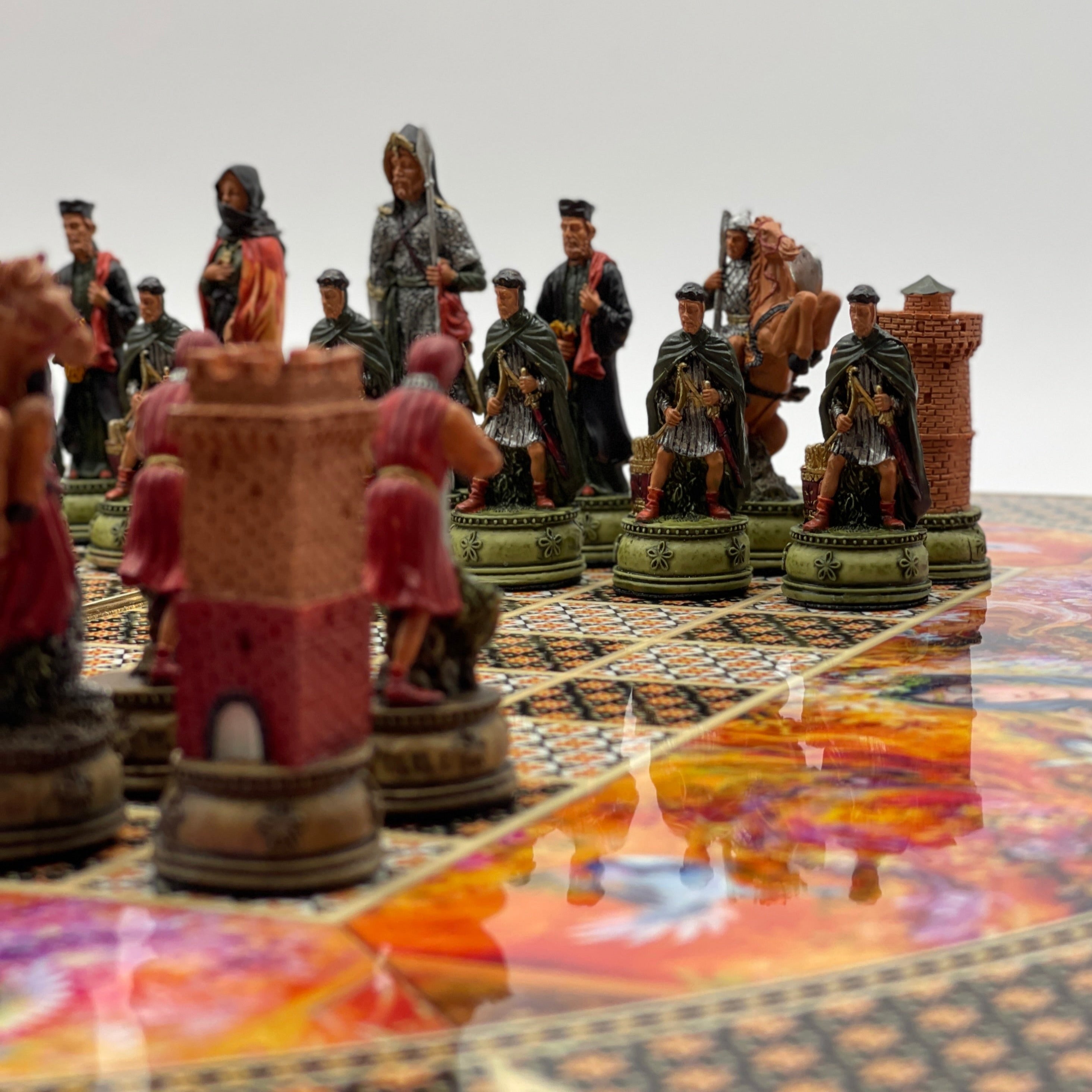 Handmade Hatemi Colors Pattern Backgammon Set With Crusaders Chess Pieces