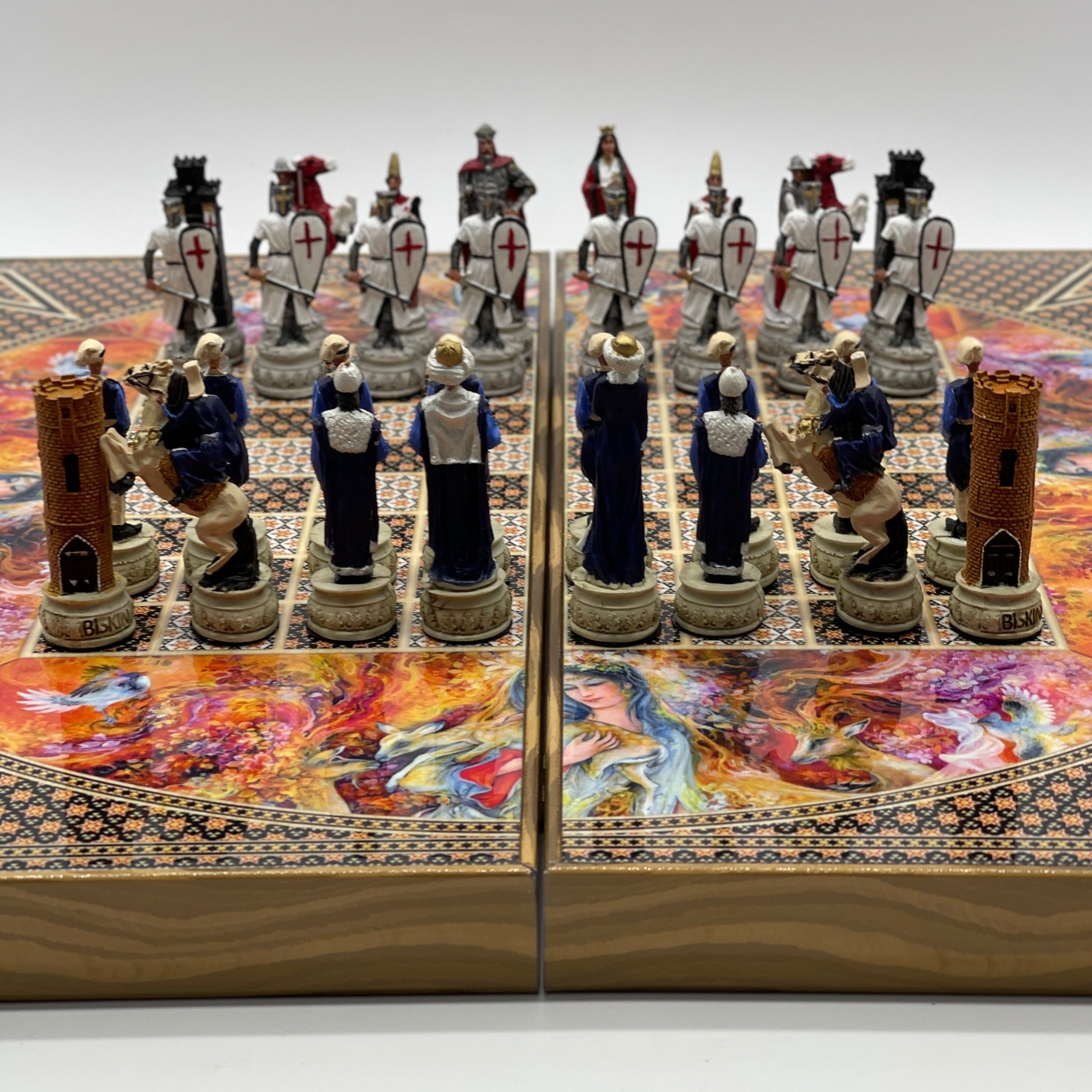 Handmade Hatemi Colors Pattern Backgammon Set With Crusaders Chess Pieces
