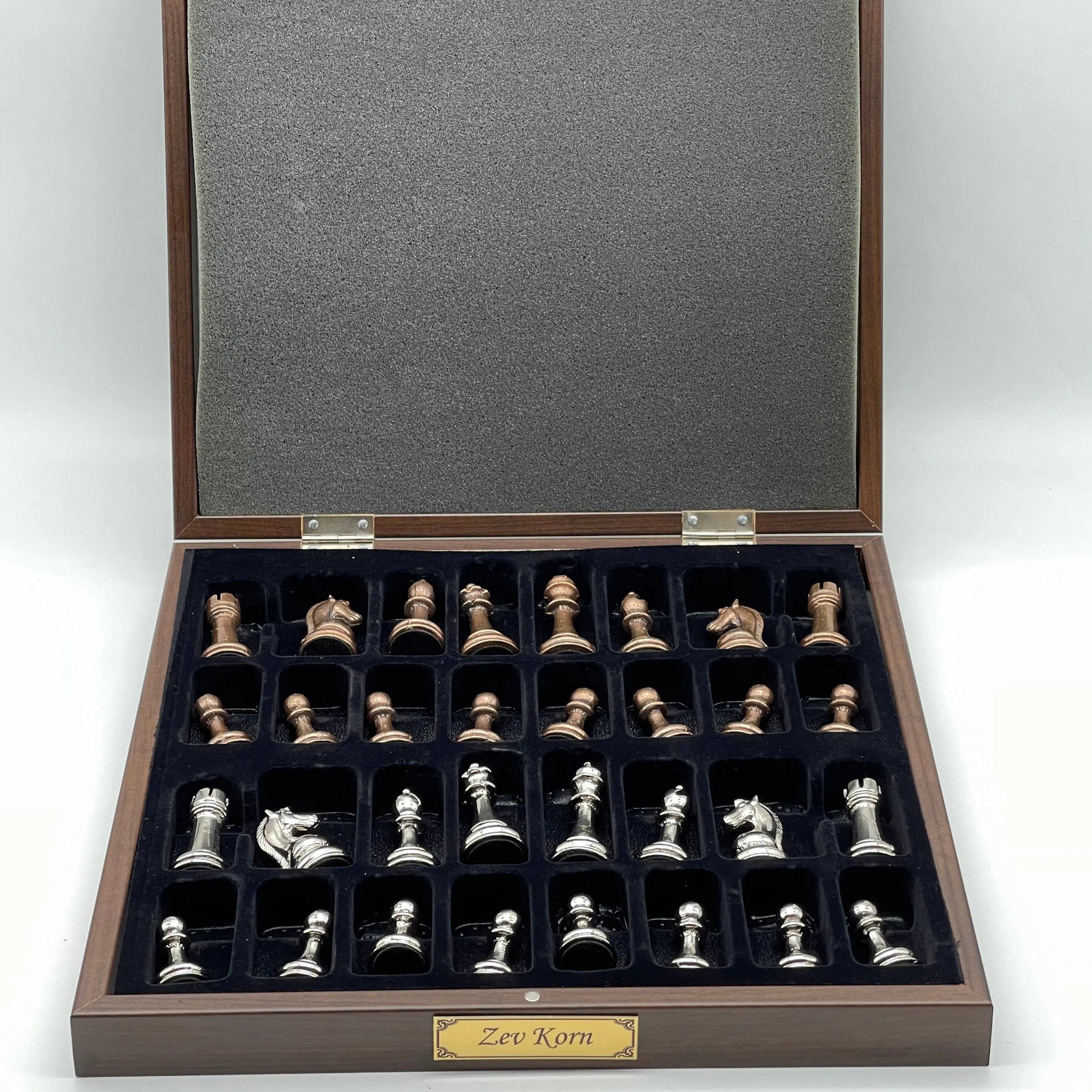 VIP Walnut Patterned Wooden Folding Chess Set with Metal Chess Pieces