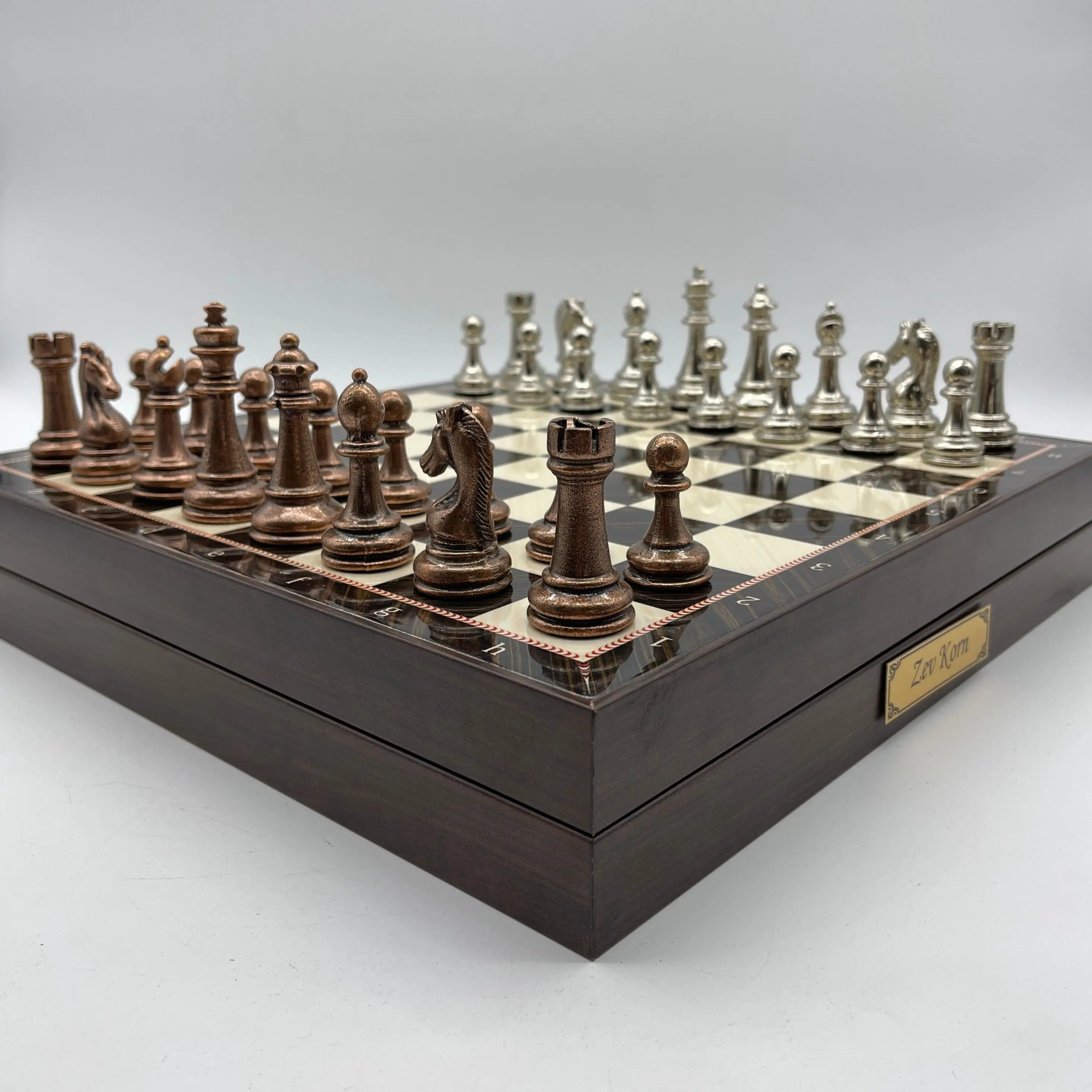 VIP Walnut Patterned Wooden Folding Chess Set with Metal Chess Pieces